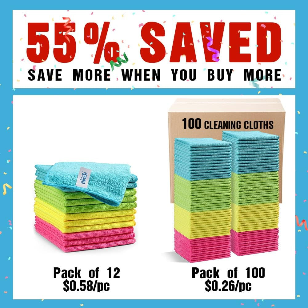 Microfiber Cleaning Cloths - 100 Pack Assorted Colors (Green, Blue, Yellow, Pink) - 11.5" x 11.5" Cleaning Towels