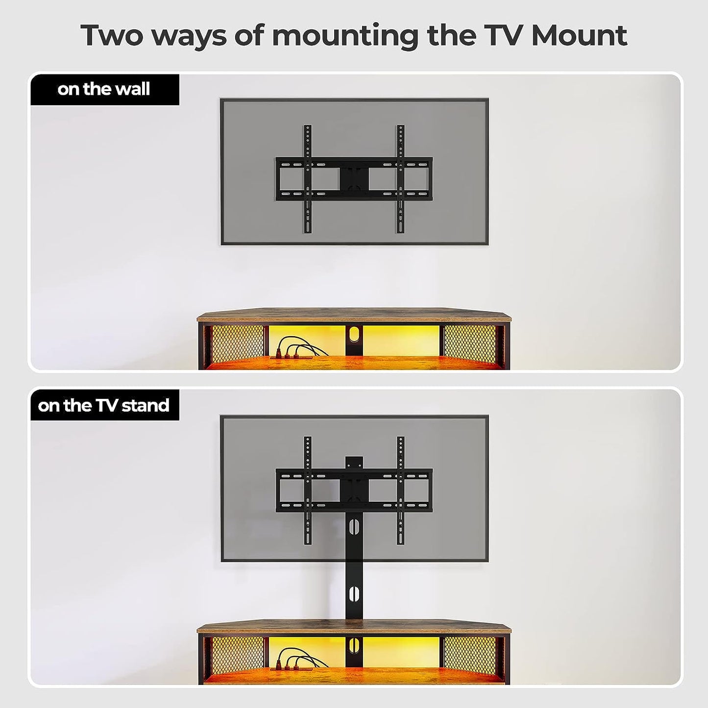 Rustic Brown TV Stand - Adjustable Mount and Power Outlet for 45-70 Inch TVs, Swivel Function and LED Lighting