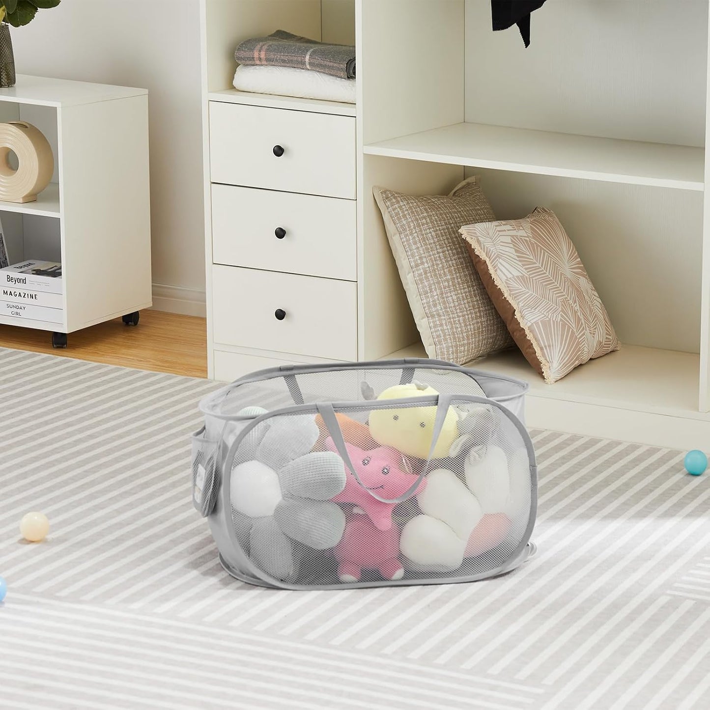 Collapsible Mesh Pop up Laundry Basket with Durable Handles and Pockets, Portable, Foldable, Deluxe Clothes Hamper for Travel, Laundry Room, Dorm or Bathroom, Space Saving Organizer, Grey