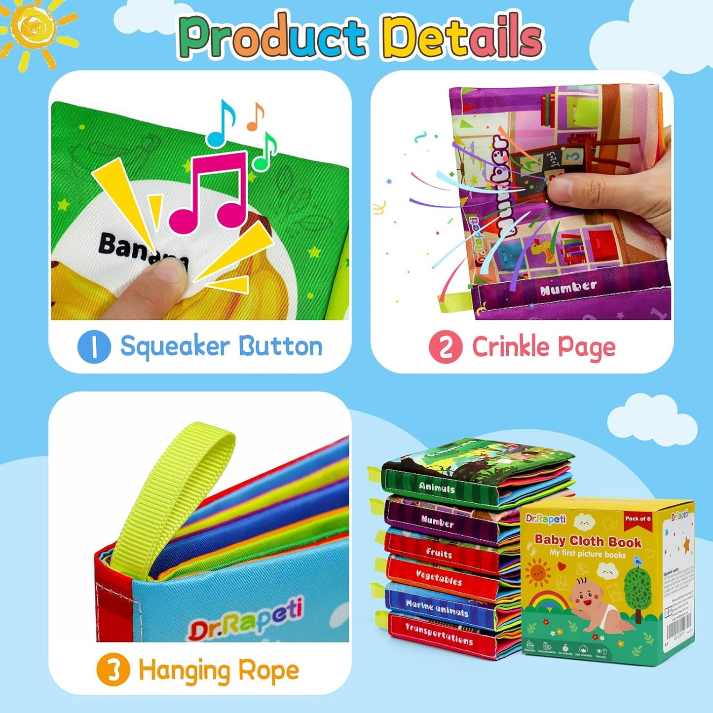 Soft Cloth Baby Books - 6-Pack Washable, Non-Toxic, Crinkle & Squeaky Educational Activity for Infants,Toddlers
