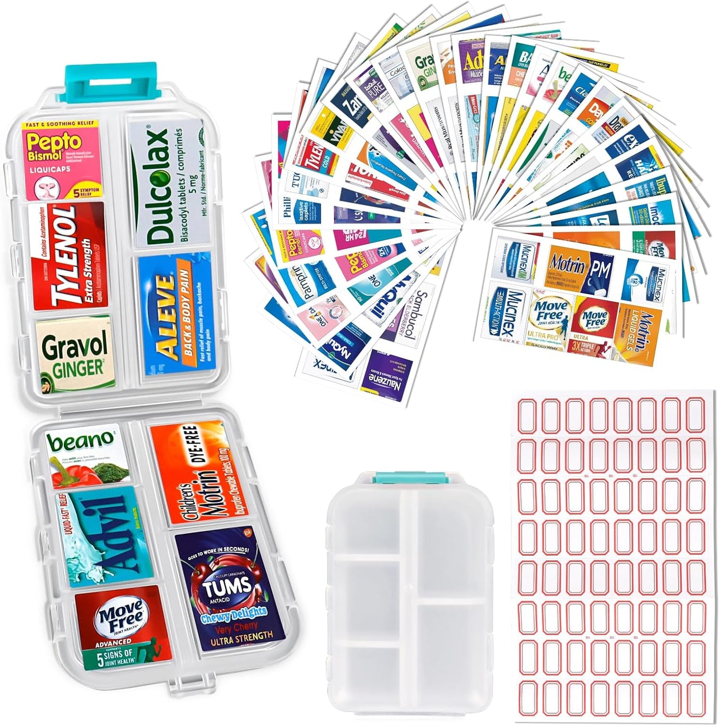 Portable Travel Pill Organizer with 260 Labels and 10 Compartments - Weekly Medication Container Case for Travel Essentials (Grey)