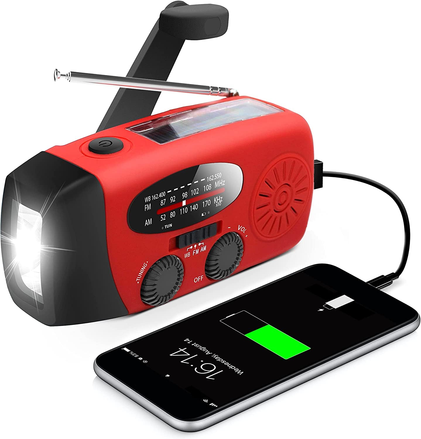 Upgraded Emergency Hand Crank Self-Powered AM/FM NOAA Solar Weather Radio - LED Flashlight and 2000mAh Power Bank for Smartphones