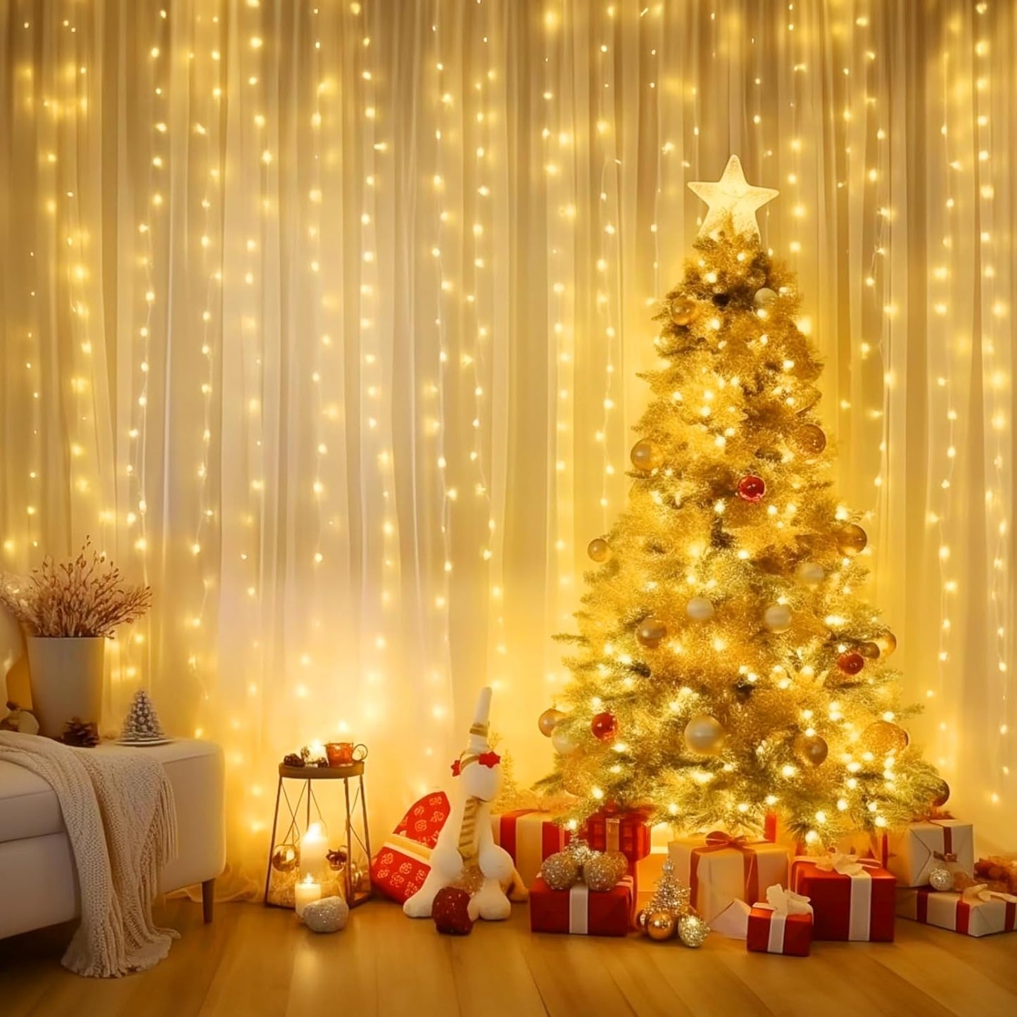 300 LED Dimmable Curtain Fairy Lights with Remote Control and Timer, 8 Lighting Modes, USB Powered String Lights for Indoor Room, Wall, Party, and Christmas Decor (9.8 x 9.8 Ft)