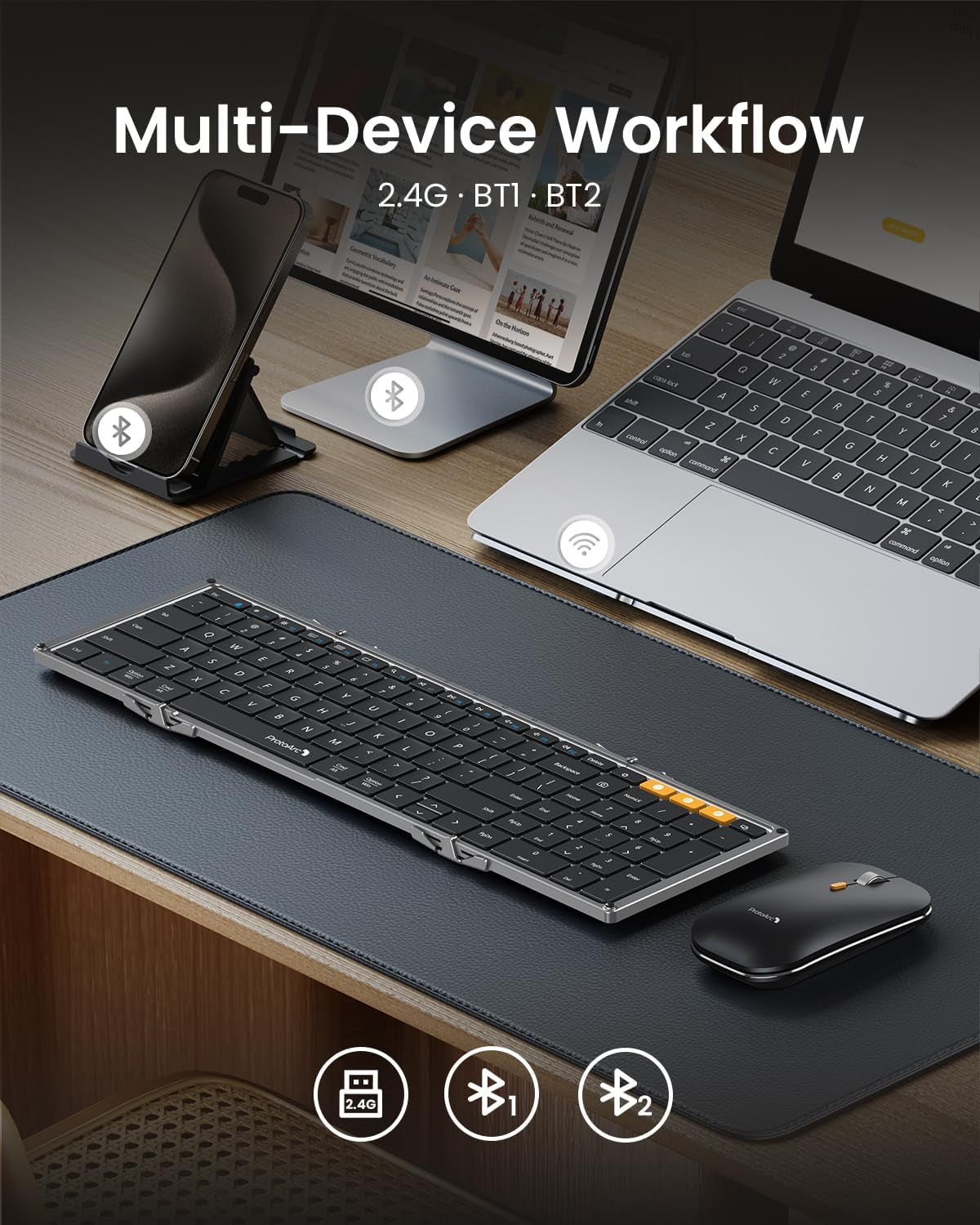 XKM01 Foldable Bluetooth Keyboard and Mouse Combo for Business and Travel, Dual Connectivity (2.4G + Bluetooth), Full-Size Portable Design for Laptops and Tablets (Space Gray)