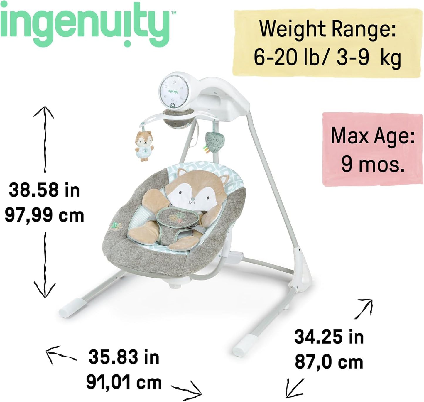 5-Speed Baby Swing - Swivel Seat, 5-Point Safety Harness, Nature Sounds, Ambient Lights