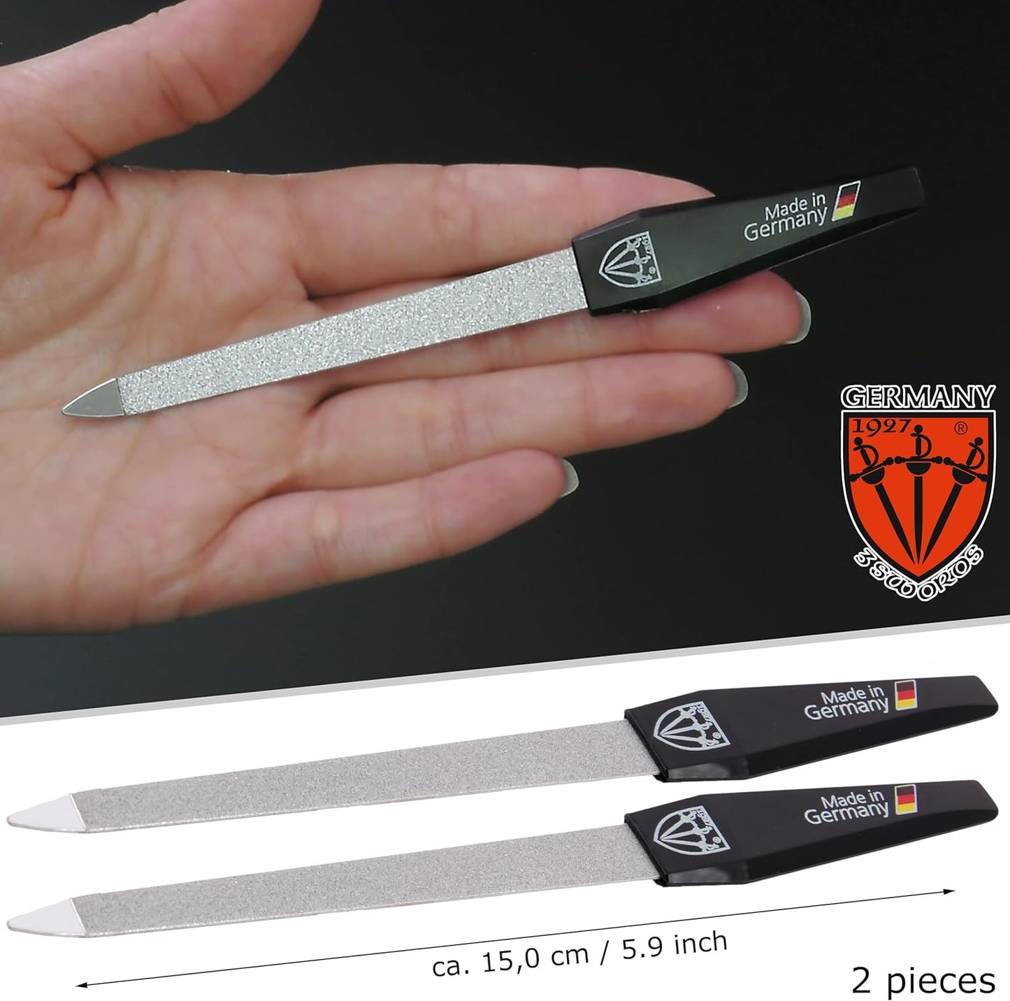 Premium Double-Sided Sapphire Nail File Set (2 Pieces) with 3-Way Nail Buffer (1 Piece) for Professional Manicure and Pedicure Care by 3 Swords, Made in Solingen