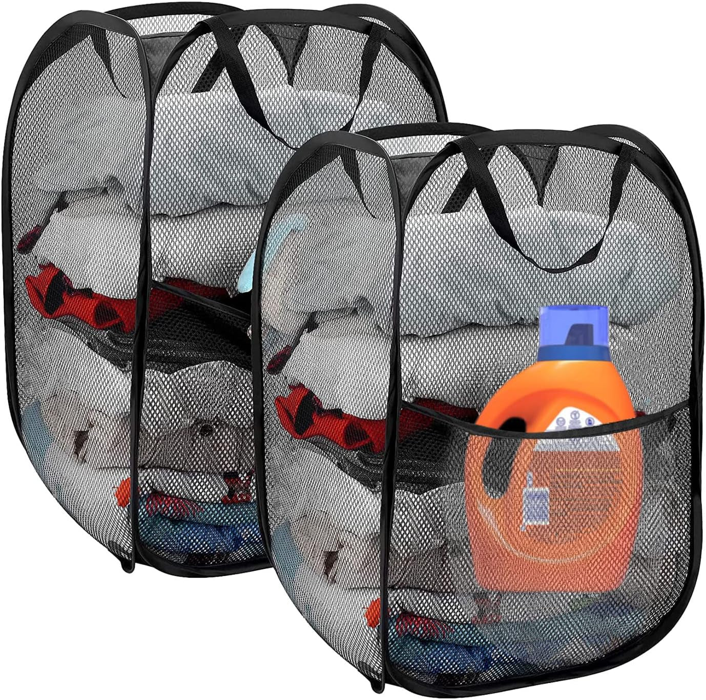 Set of 2 Portable Pop-Up Mesh Laundry Hampers with Foldable Design and Washable Features