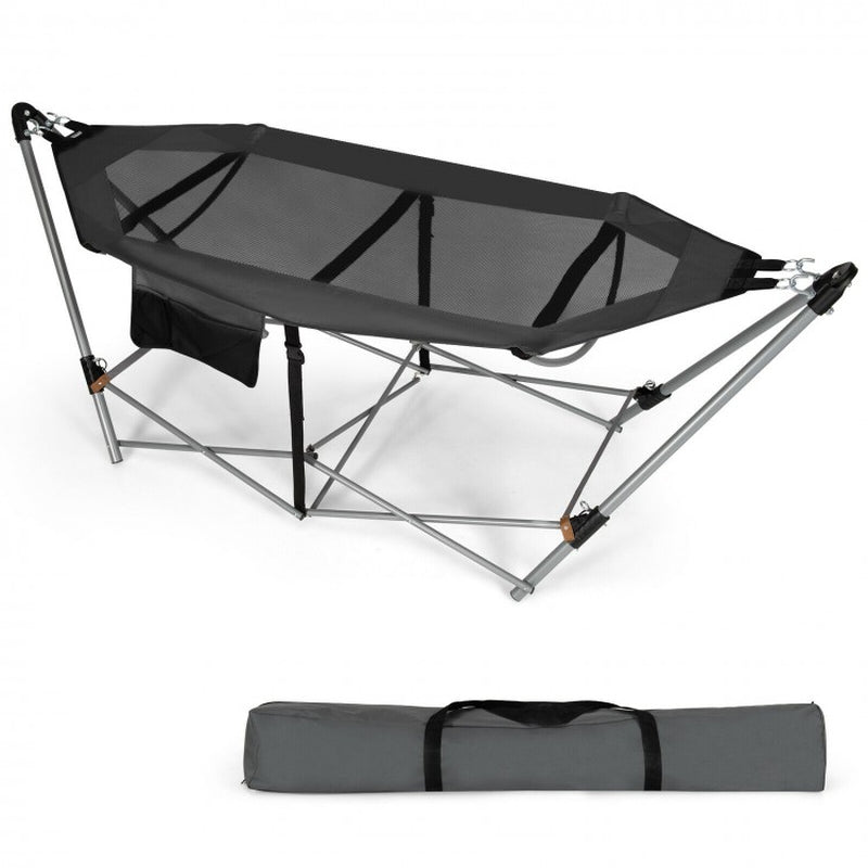 Folding Indoor-Outdoor Hammock with Side Pocket and Iron Stand