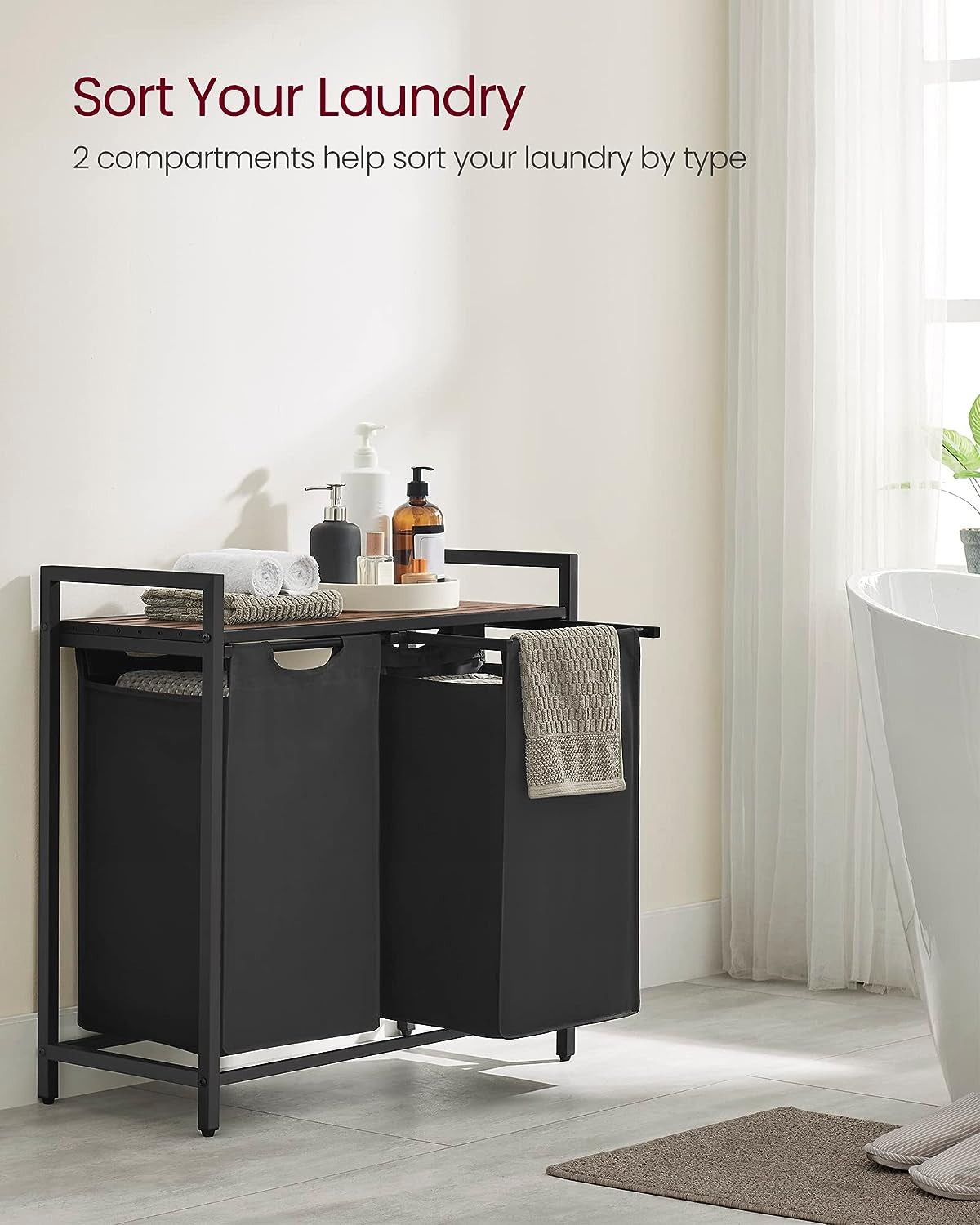Rustic Brown and Black Laundry Hamper with Metal Frame, Dual Pull-Out Removable Bags, and Shelf - (46L), 28.8 x 13 x 28.4 Inches