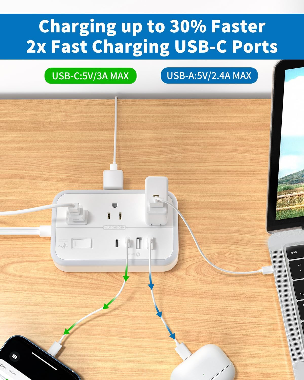 Flat Plug Surge Protector Power Strip - 6 Outlets and 4 USB Ports (2 USB-C), 5 Ft Flat Extension Cord for Home, Office, Dorm Room Use