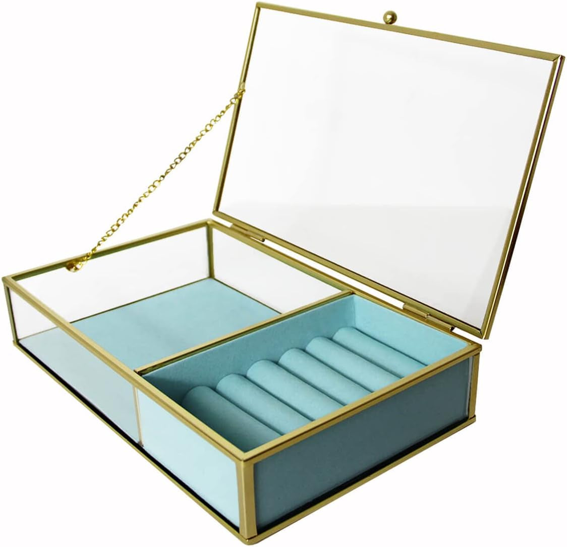 Elegant Glass Jewelry Box with Gold Metal Frame, Velvet Tray, and Trinket Chest - Clear Keepsake Display Case
