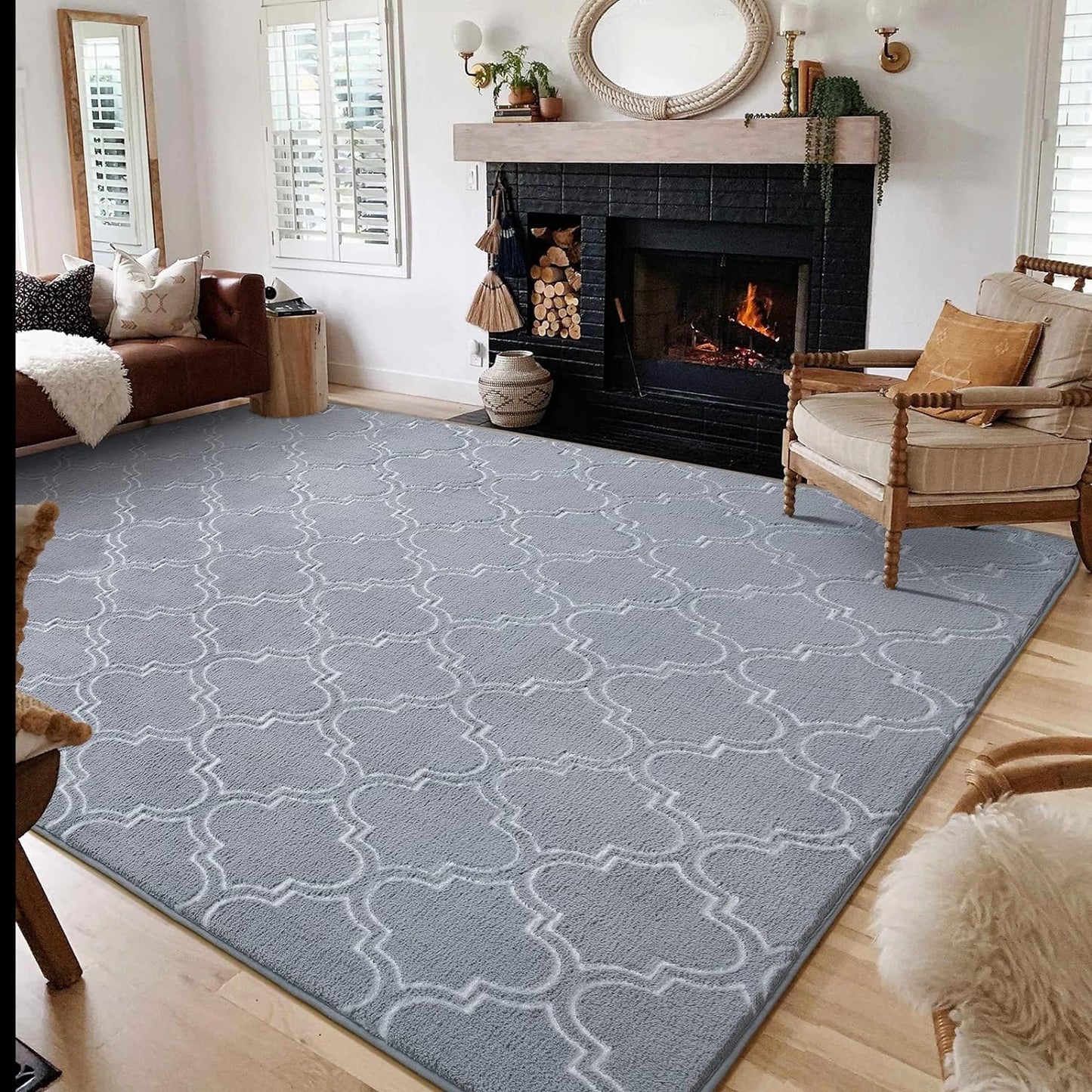 Shag Area Rug, 4' x 6' Soft Trellis Design for Bedroom and Living Room, Memory Foam Indoor Carpet, Gray/White