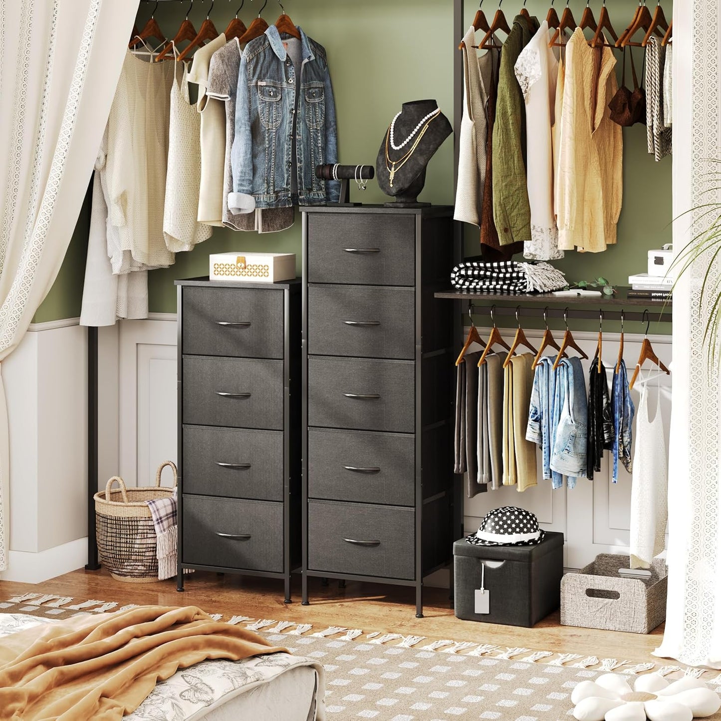 5-Drawer Tall Dresser for Bedroom, Fabric Dresser, Storage Dresser Organizer with Fabric Bins, Wood Top, Sturdy Steel Frame, Chest of Drawers for Closet, Hallway (Charcoal Black)