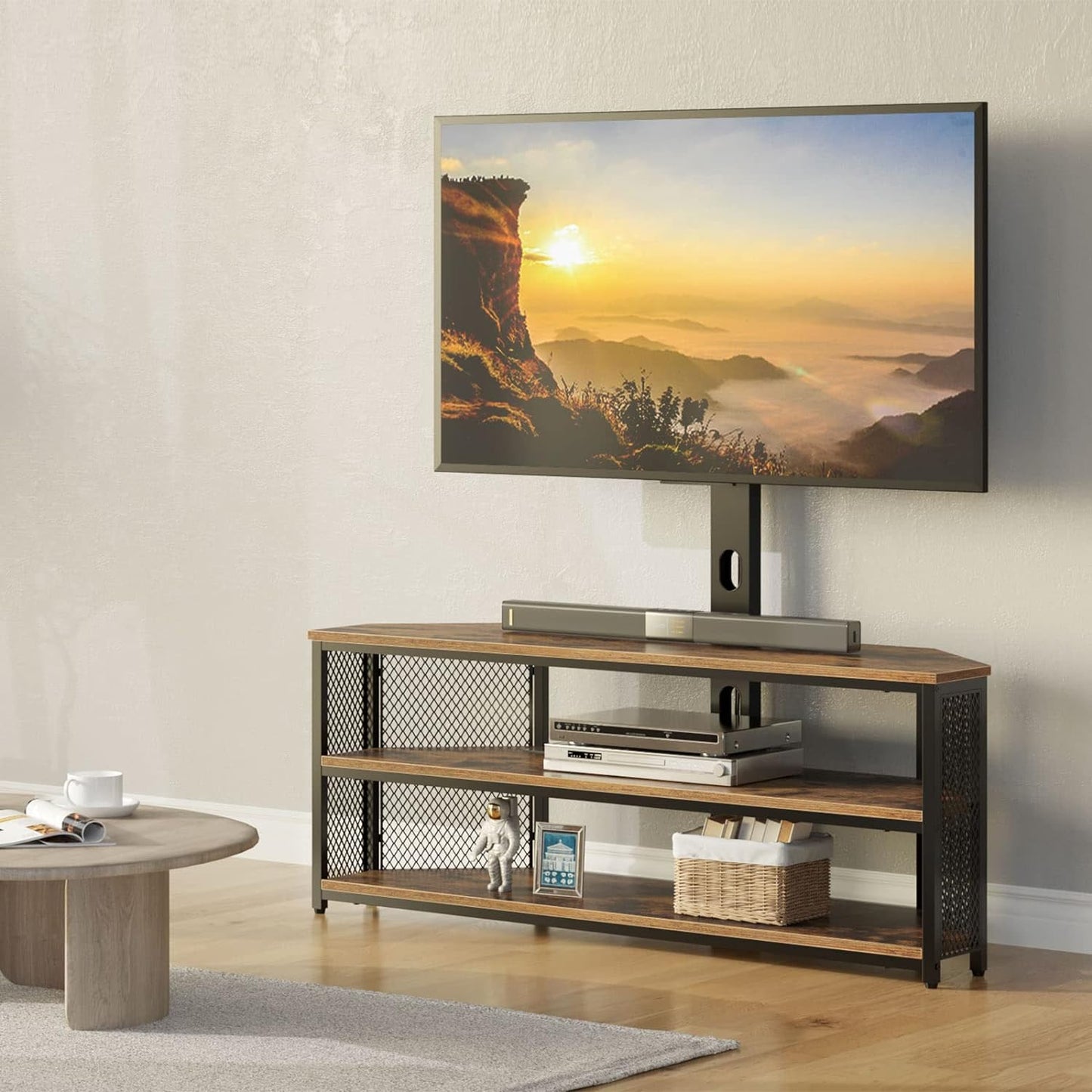 Rustic Brown TV Stand - Adjustable Mount and Power Outlet for 45-70 Inch TVs, Swivel Function and LED Lighting
