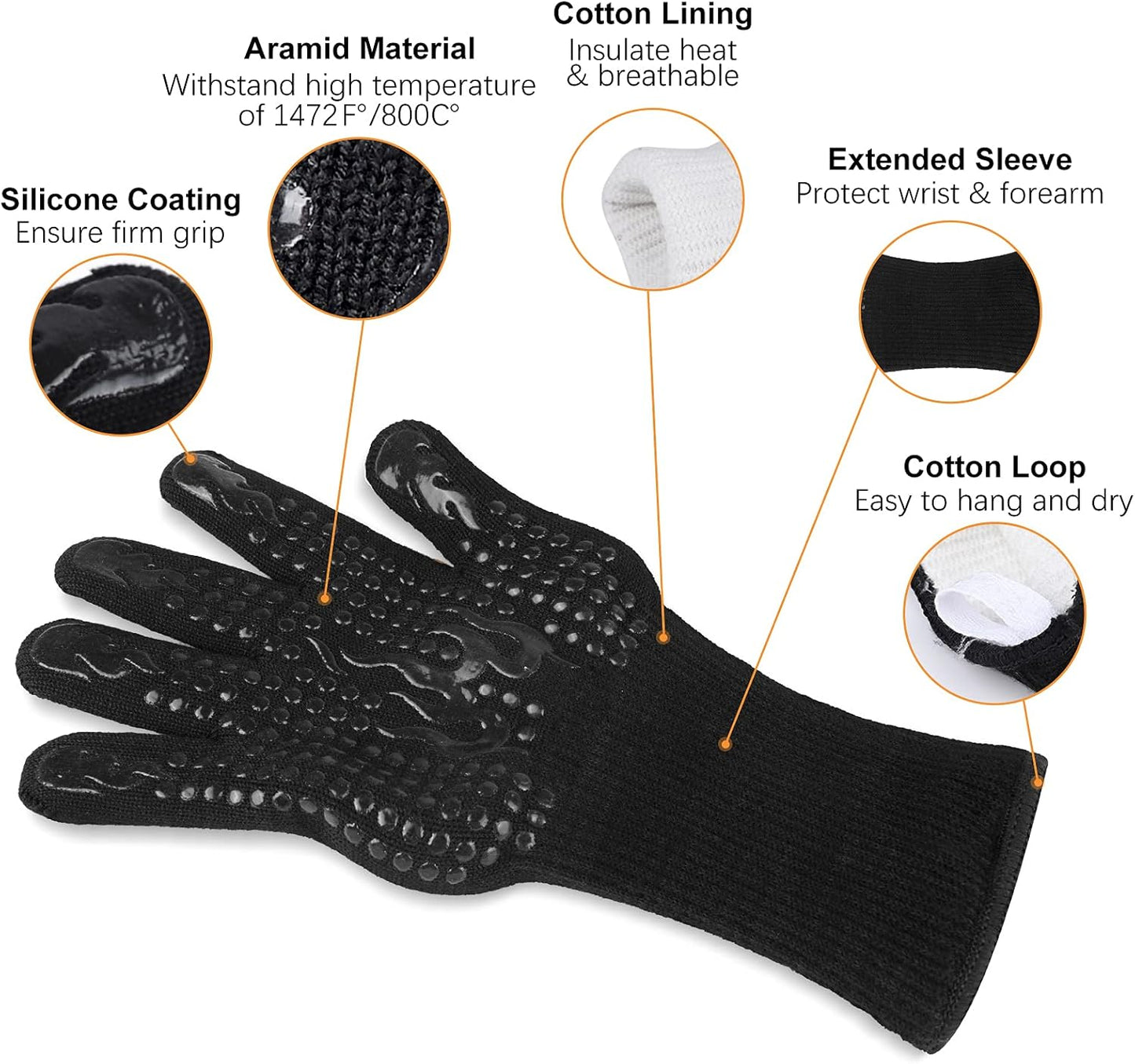 Heat Resistant BBQ Gloves - 1472℉ Extreme Heat Protection Silicone Oven Mitts for Grilling, Baking, and Welding (Black)