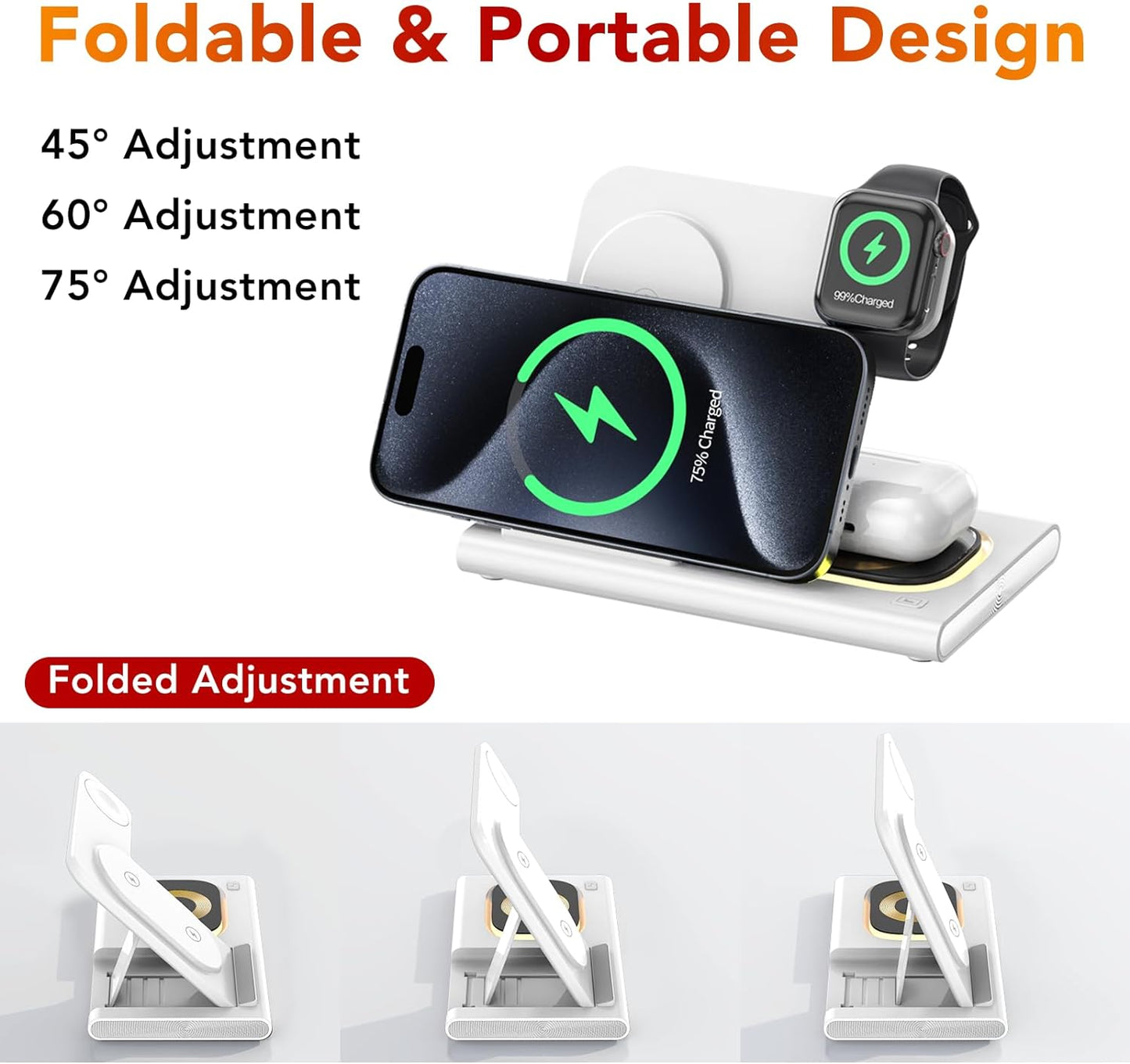 3-in-1 Foldable Wireless Charging Station for Apple Devices - Compatible with iPhone 11-16 Series, iWatch, and AirPods (White)