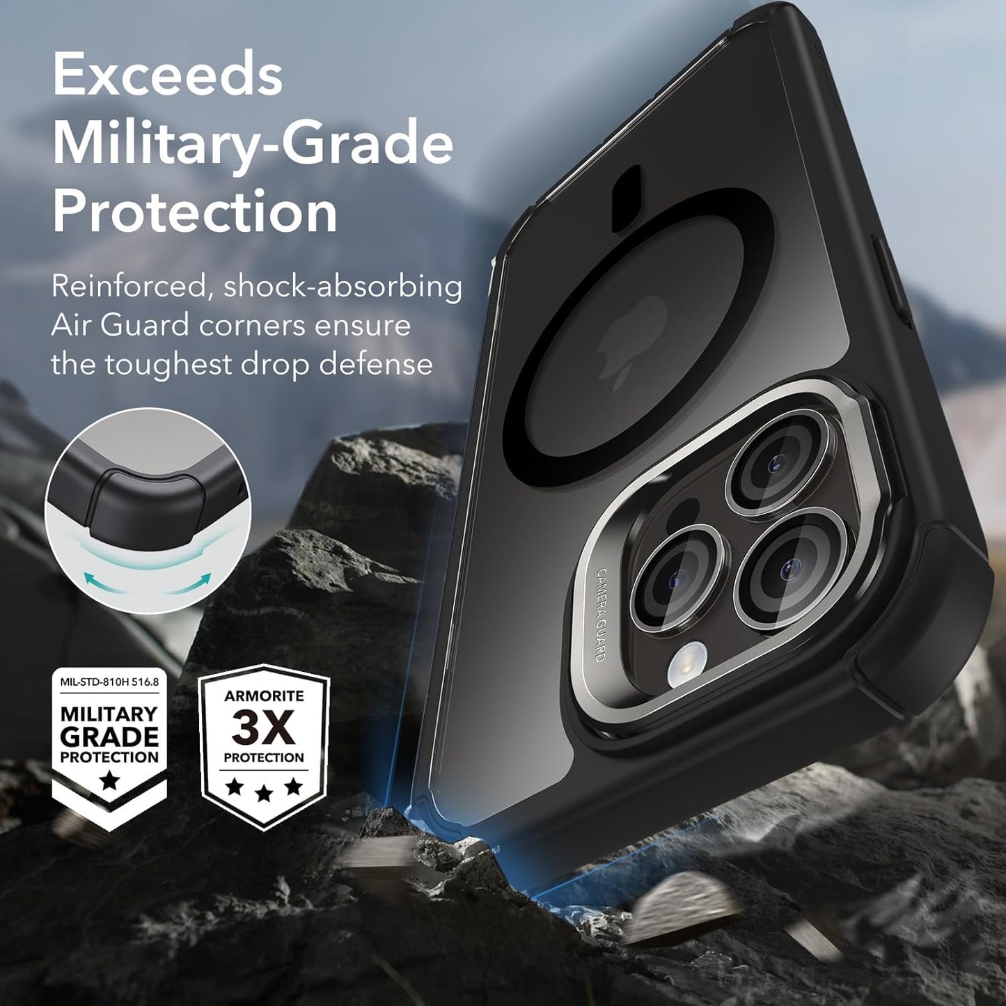 iPhone 15 Pro Max Armor Series Case: Full-Body Shockproof MagSafe Protection with Built-In Stash Stand and Individual Lens Protectors - Black