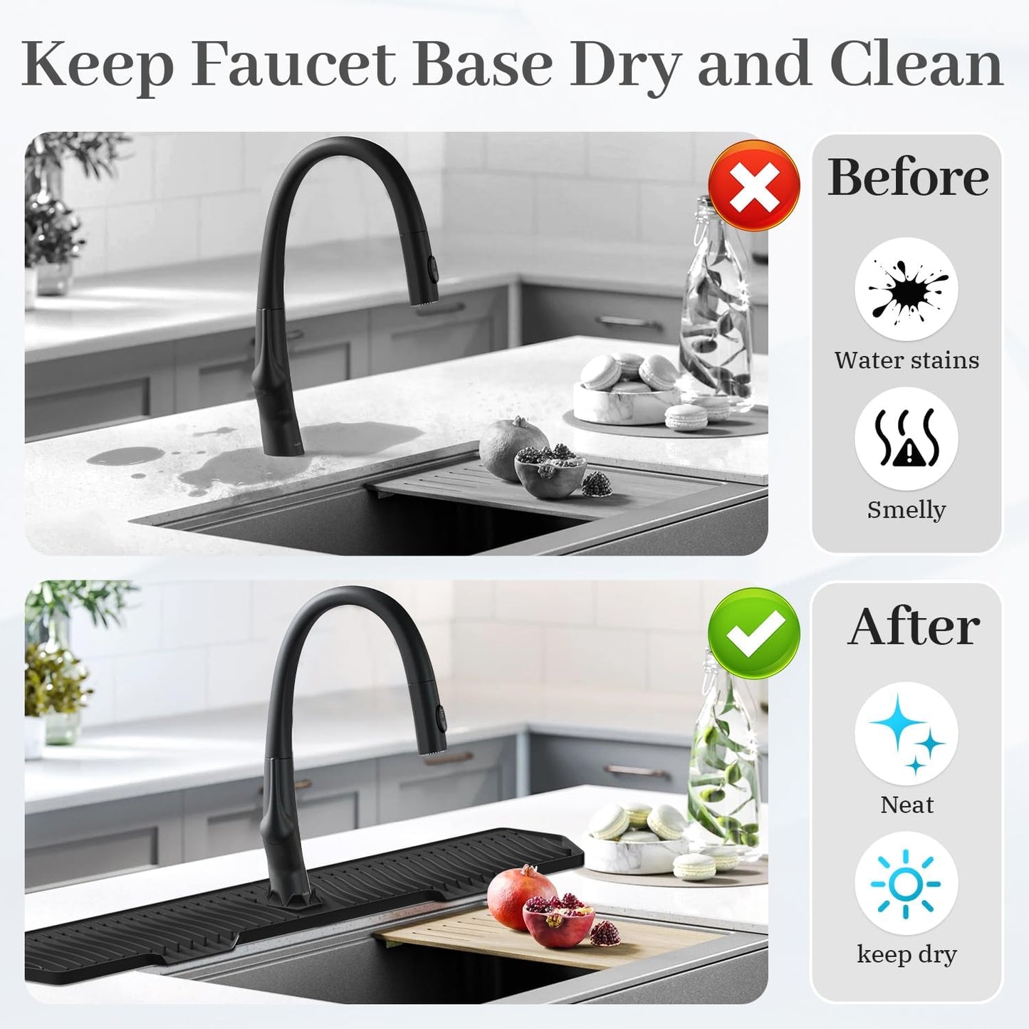 30-Inch Silicone Kitchen Sink Splash Guard and Draining Mat, Extra Long Faucet Drainer Pad, Sink Protector Accessories - Black
