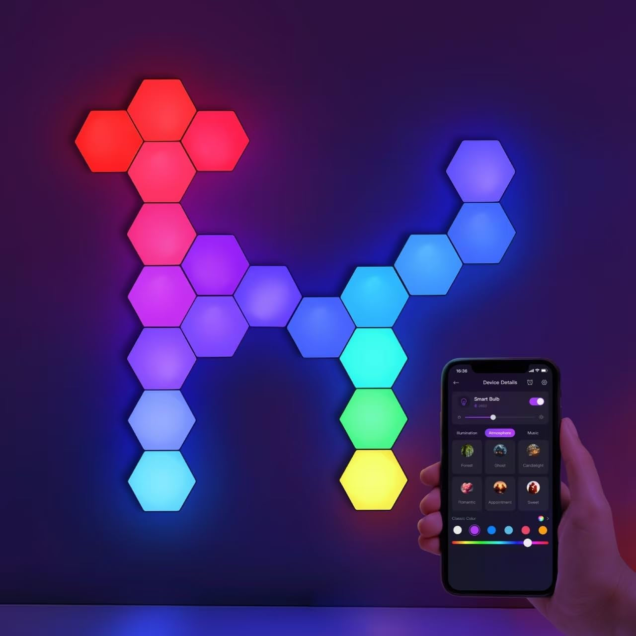 Hexagonal Modular RGB Wall Lights with Smart App and Remote Control - DIY Music Sync LED Panels for Bedroom and Children's Room Decor (Set of 8)