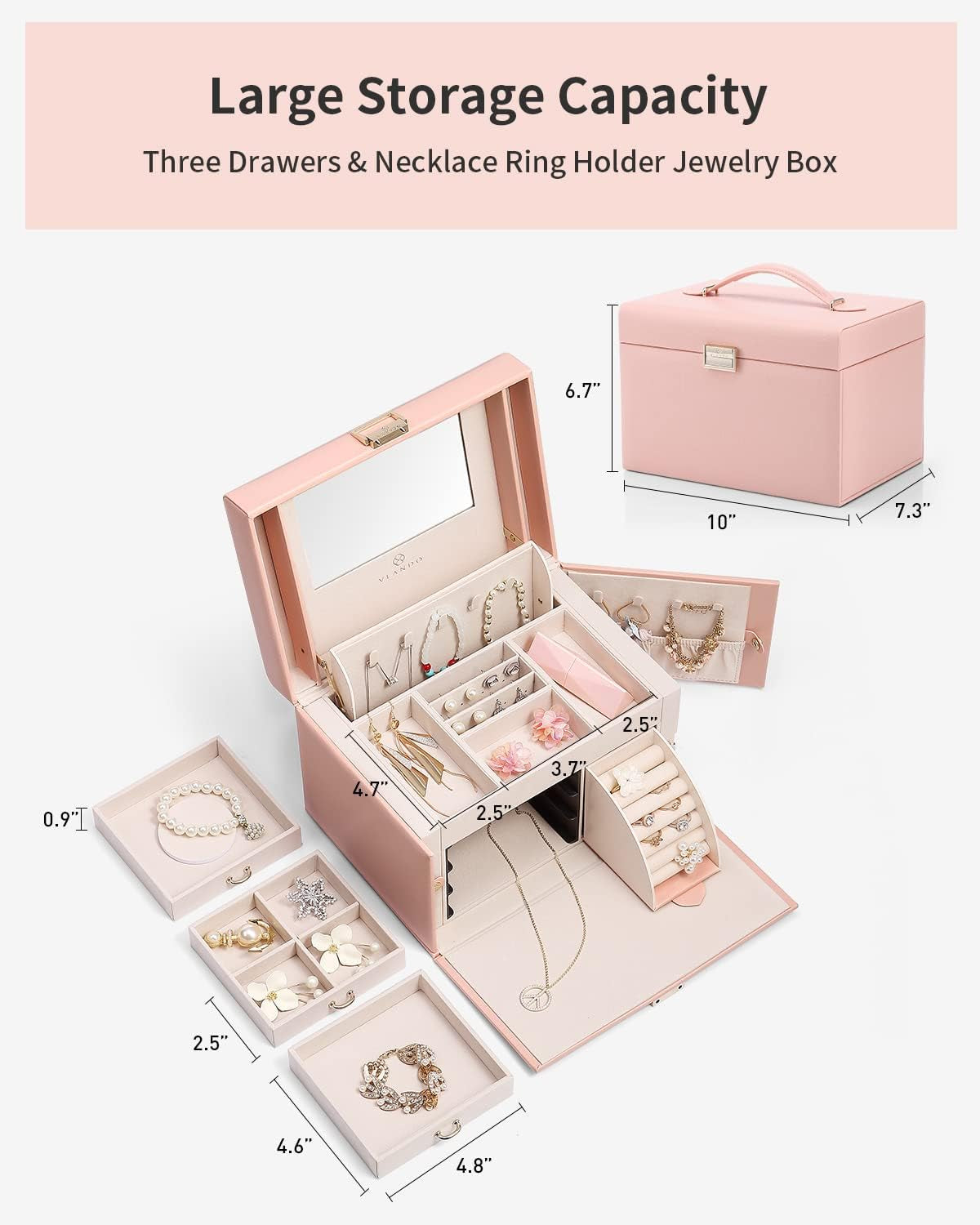 Elegant Baroque Jewelry Organizer-Spacious Storage Box with Mirror and Drawers for Bracelets, Earrings, Rings, Necklaces
