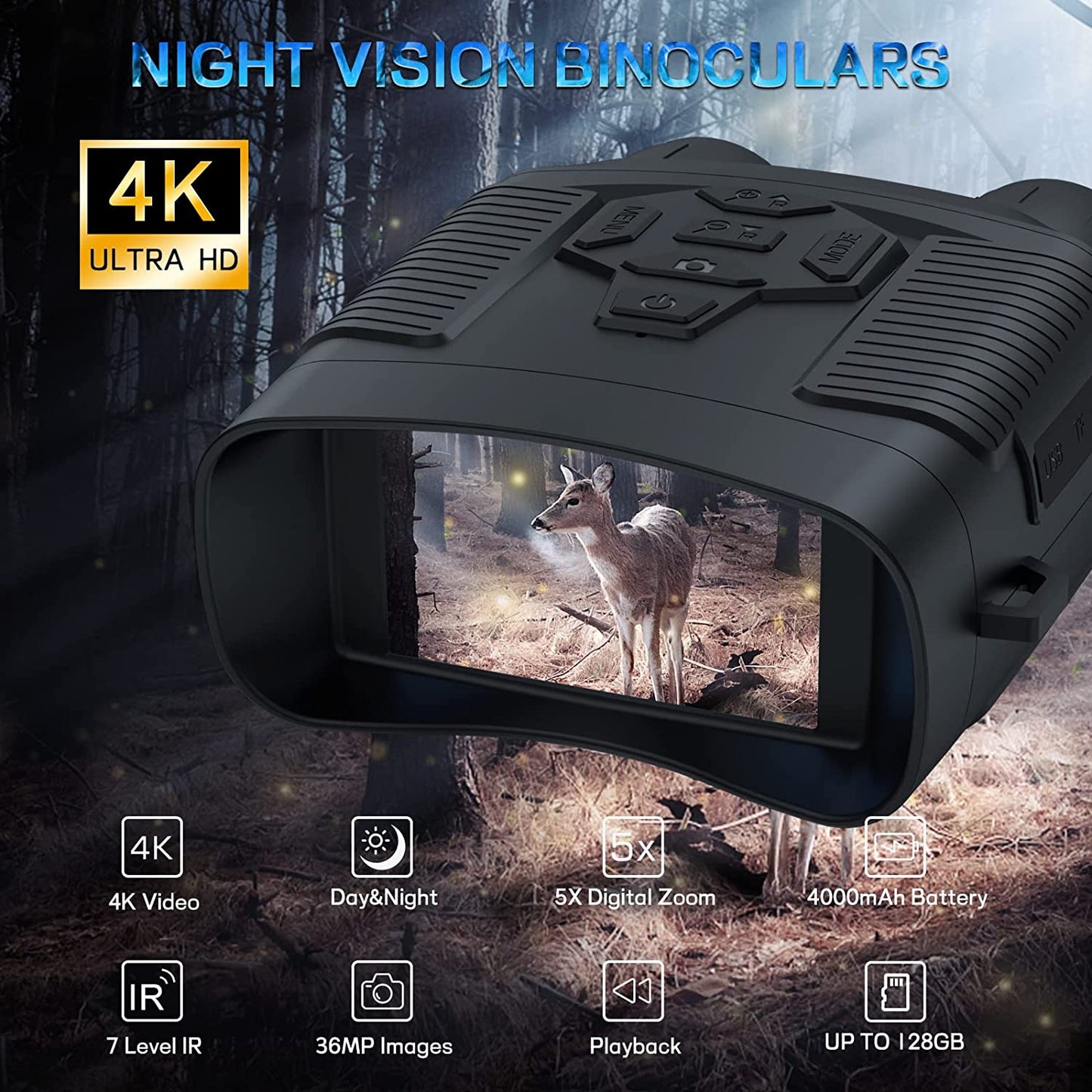 4K Infrared Night Vision Binoculars with 3'' Display, 8X Digital Zoom, and 32GB Storage Card for Camping, Hunting, and Security Use