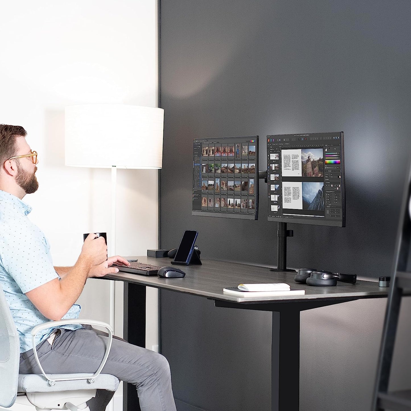 Dual Monitor Desk Mount, Heavy Duty Fully Adjustable Stand, Fits 2 LCD LED Screens up to 30 Inches, Black, STAND-V002