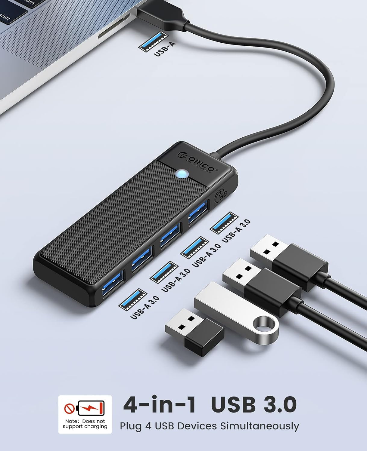 USB 3.0 Ultra Slim 4-Port Hub for Laptops and Devices - , XPS, PS5, PC, Flash Drives, Mobile HDD (Black, 0.5 Ft)