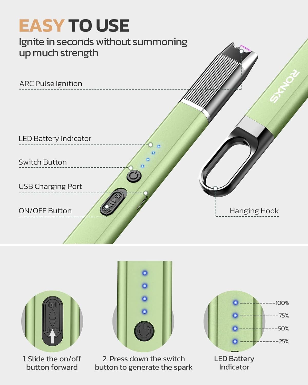 USB Rechargeable Electric Candle Lighter with Battery Indicator - Windproof Arc Lighter for Candles, Grills, BBQs, Stoves, and Fireplaces with Hanging Hook