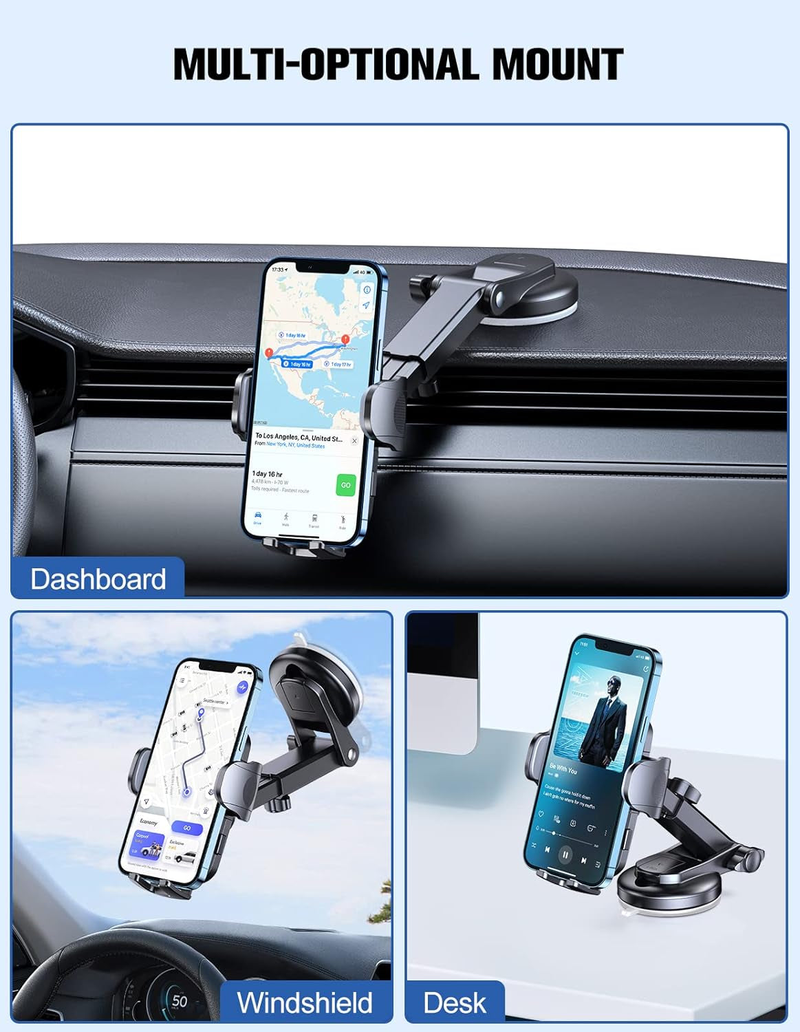 Car Phone Holder with Strong Suction for Dashboard and Windshield - 360° Rotating Long Arm Mount Compatible