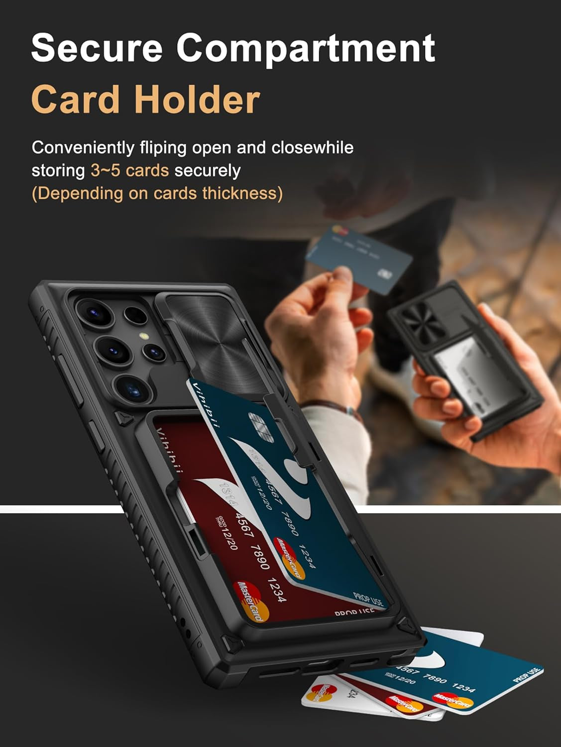 Shockproof Wallet Case for Samsung Galaxy S24 Ultra with Card Holder (4 Cards), Slide Camera Cover, and Kickstand – Black