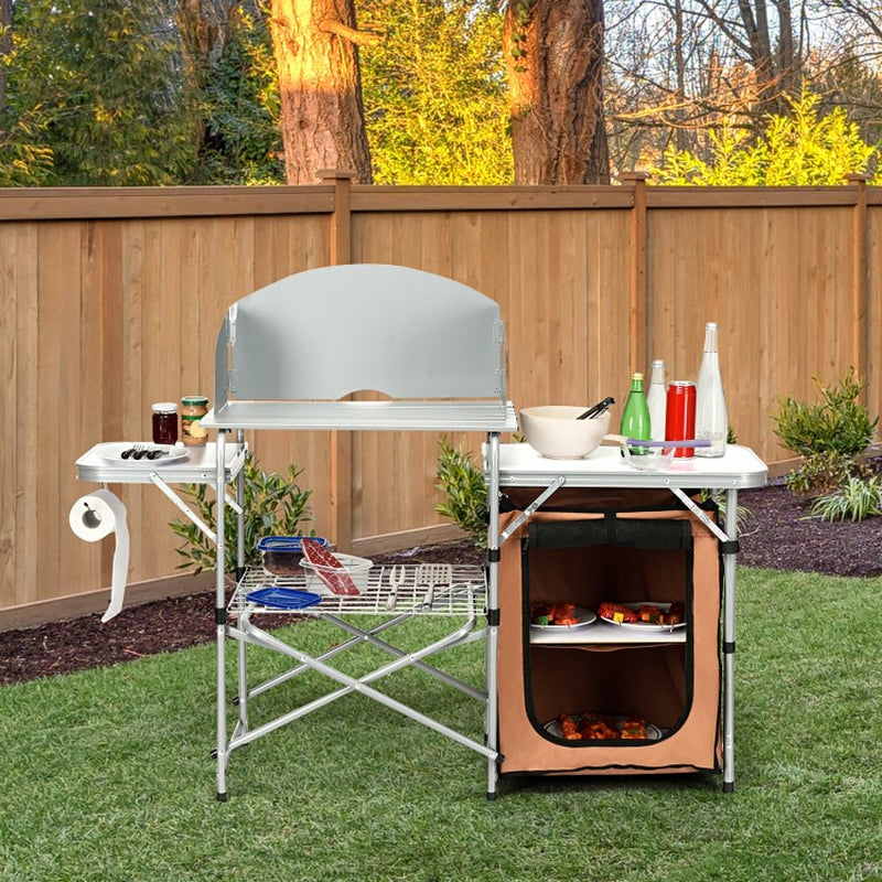 Portable Outdoor BBQ Grilling Table with Protective Windscreen Bag