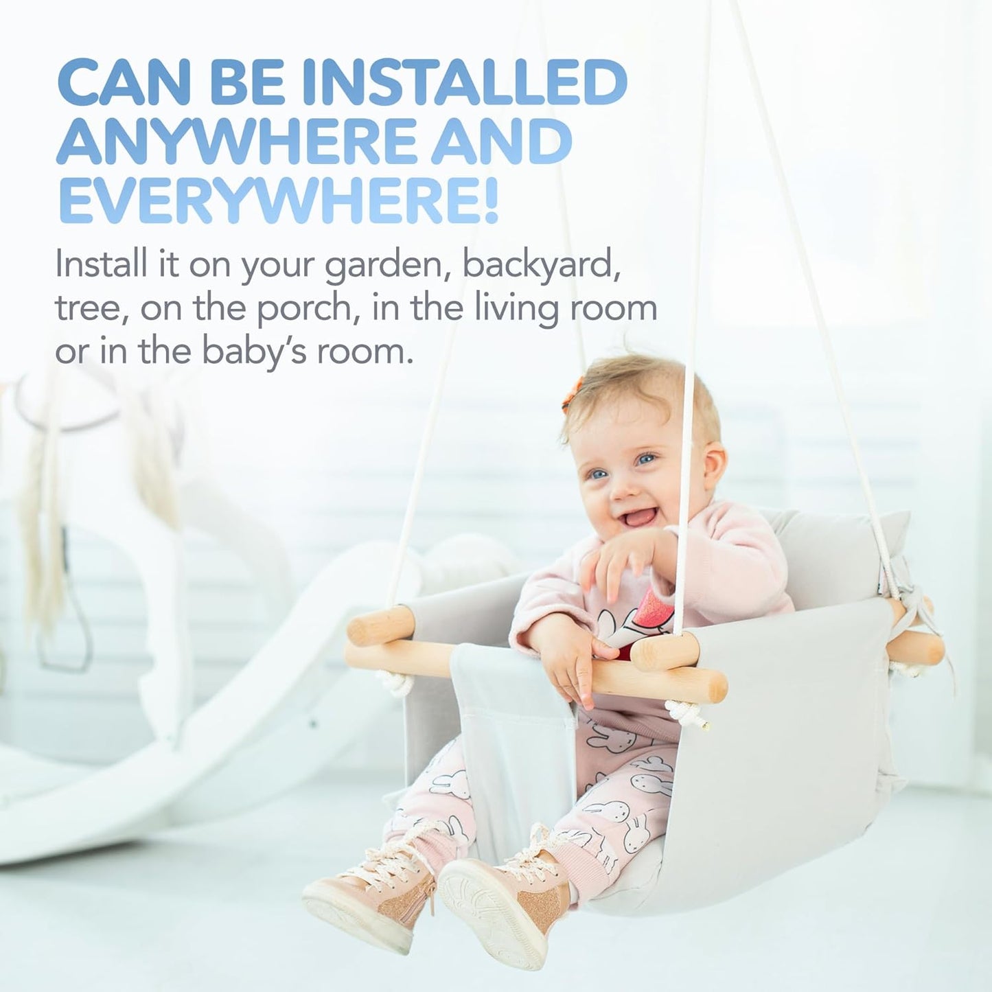Canvas Baby Swing Safety Belt - Durable Wooden Hanging Seat Chair - Indoor/Outdoor, Hardware, Gray