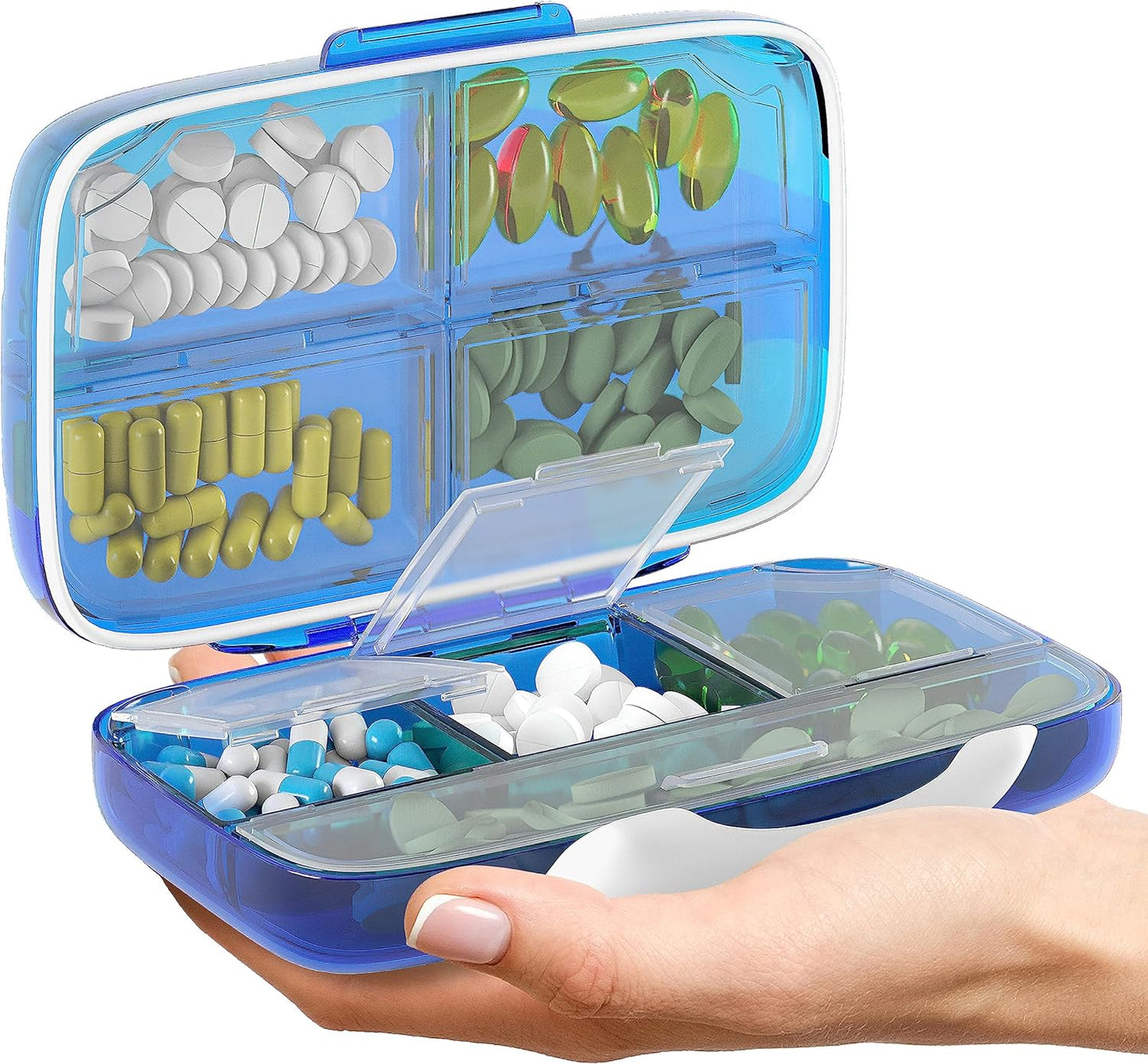 Airtight Travel Pill Organizer - Portable Medication Case with Labels and 8 Compartments - Large Capacity - Black