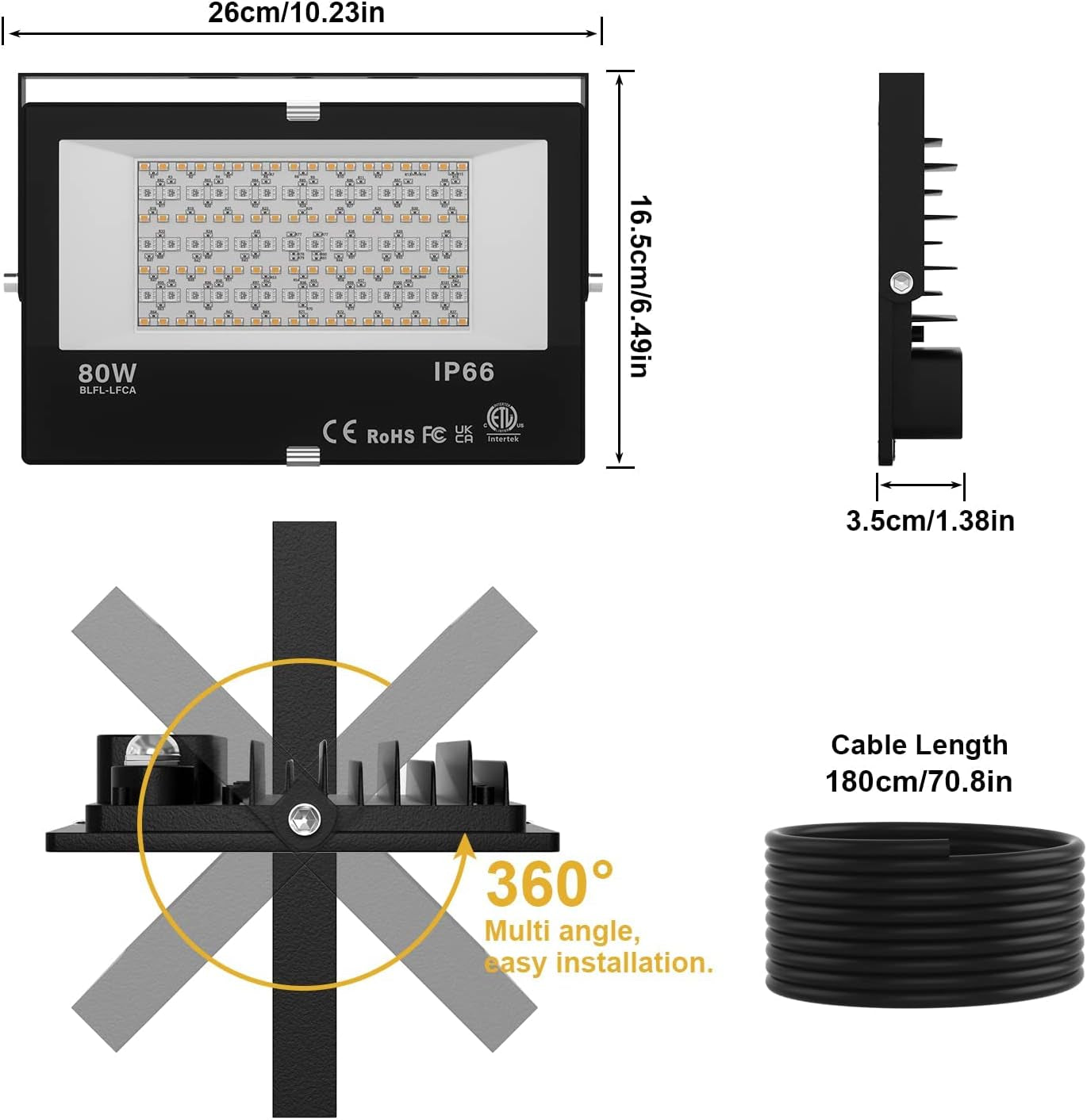 80W Bluetooth RGB Color Changing LED Flood Lights - 800W Equivalent, IP66 Waterproof, APP Group Control, 2700K Warm White & 16 Million Colors, 23 Modes, US 3-Plug (4 Pack)