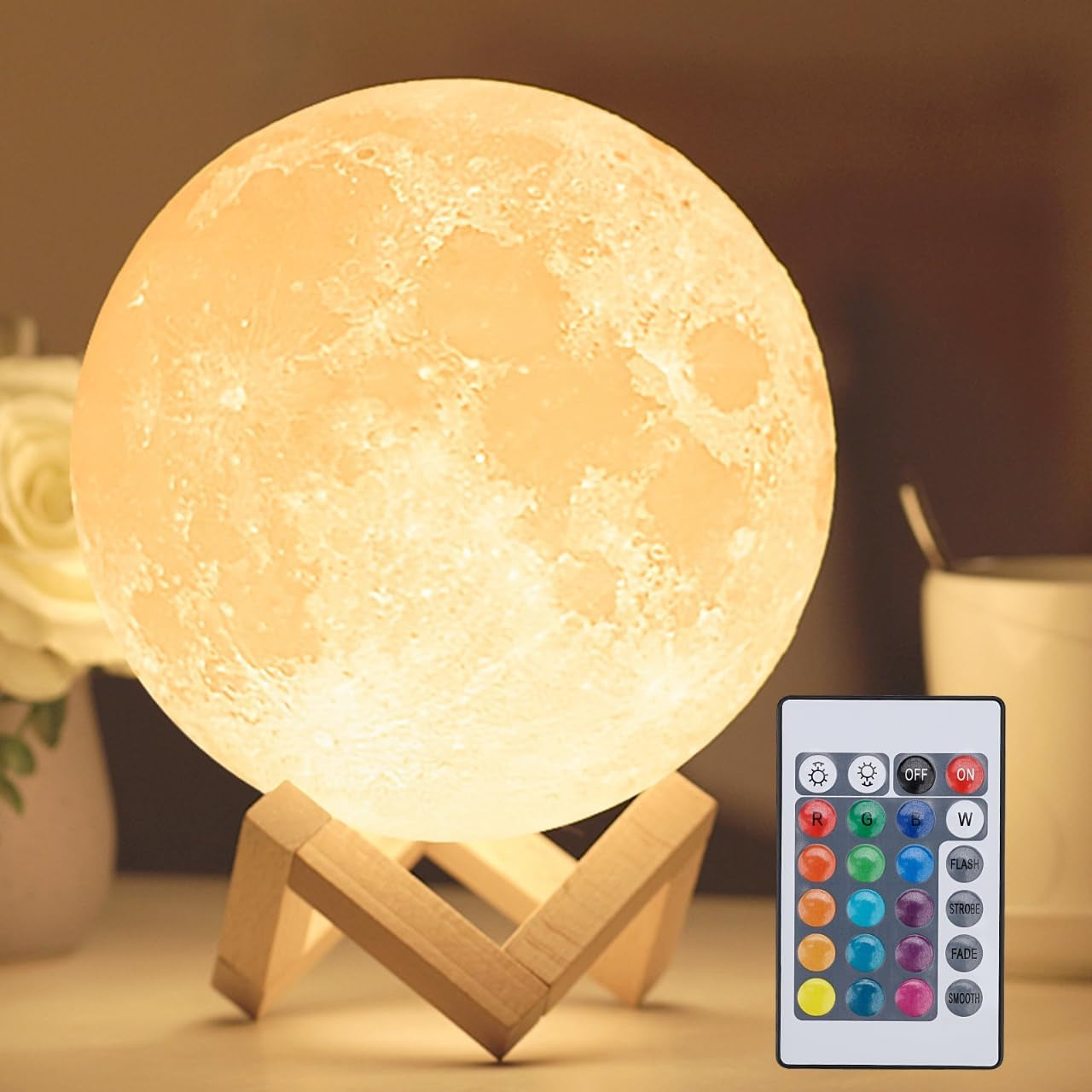 Moon Lamp-Home Décor, Mothers Day Gift with Brightness Control, Gift for Women, LED Night Light, Bedroom, Living Room, Kids Birthday Gift, Ceramic Hand Base, 3.5", White & Yellow