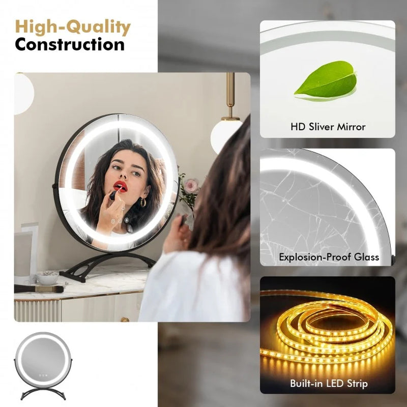 16-Inch Round LED Vanity Mirror with Three Color Temperature Settings and Adjustable Brightness