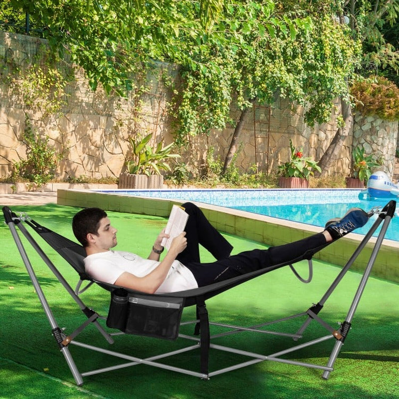 Folding Indoor-Outdoor Hammock with Side Pocket and Iron Stand