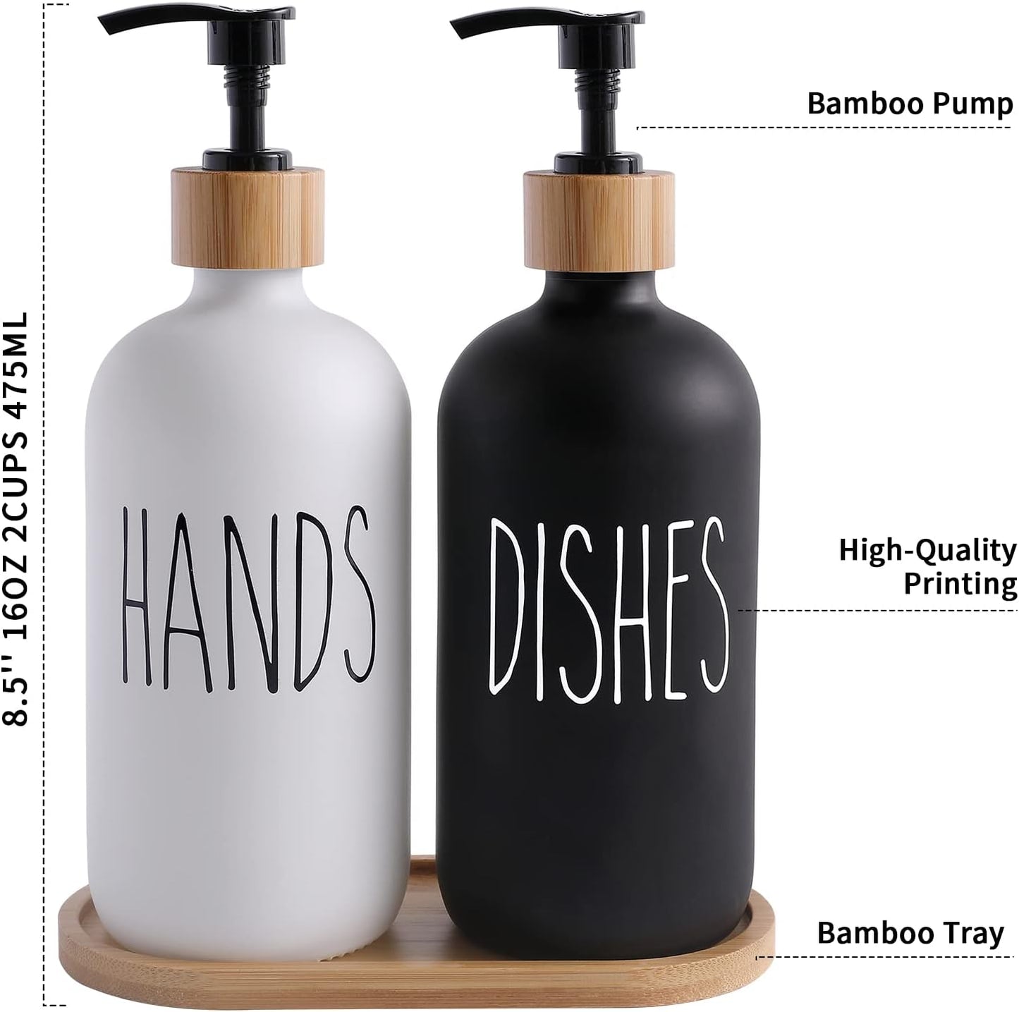 Elegant Glass Soap Dispenser Set with Hand Soap and Dish Soap Dispensers - Black & White