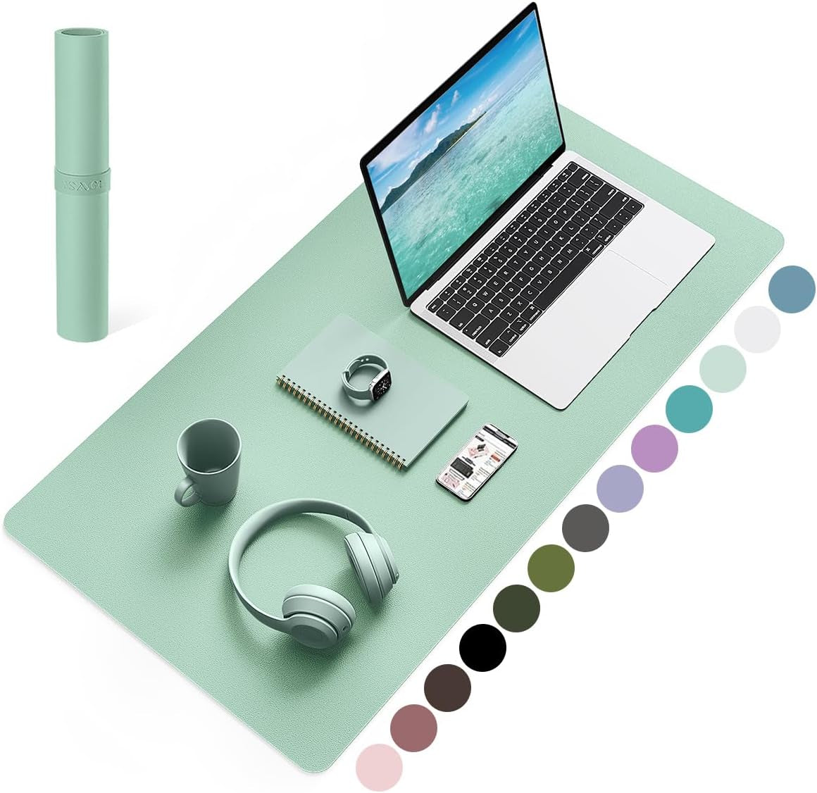 Non-Slip Waterproof PVC Leather Desk Pad, Ultra-Thin Large Mouse Pad, Easy-Clean Writing Mat (Olive Green, 31.5" x 15.7")