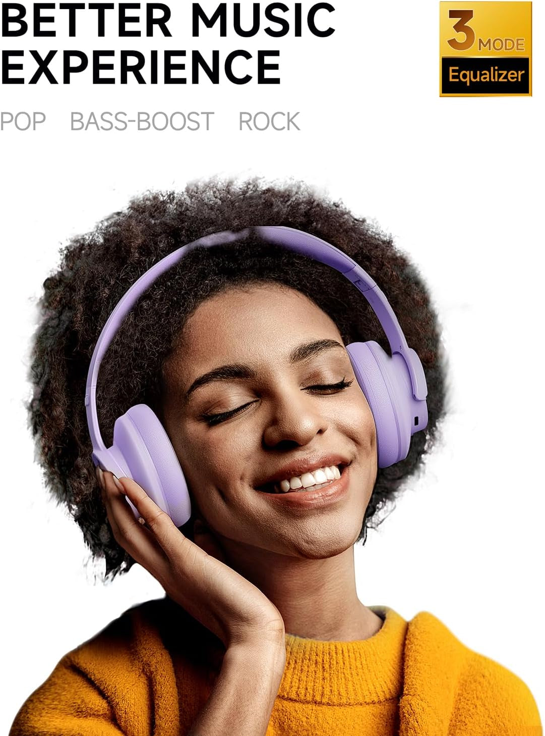 Wireless Bluetooth Headphones - 120 Hrs Battery Life, Over-Ear Design, 3 EQ Music Modes, Hands-Free Calling, Deep Bass (Purple)