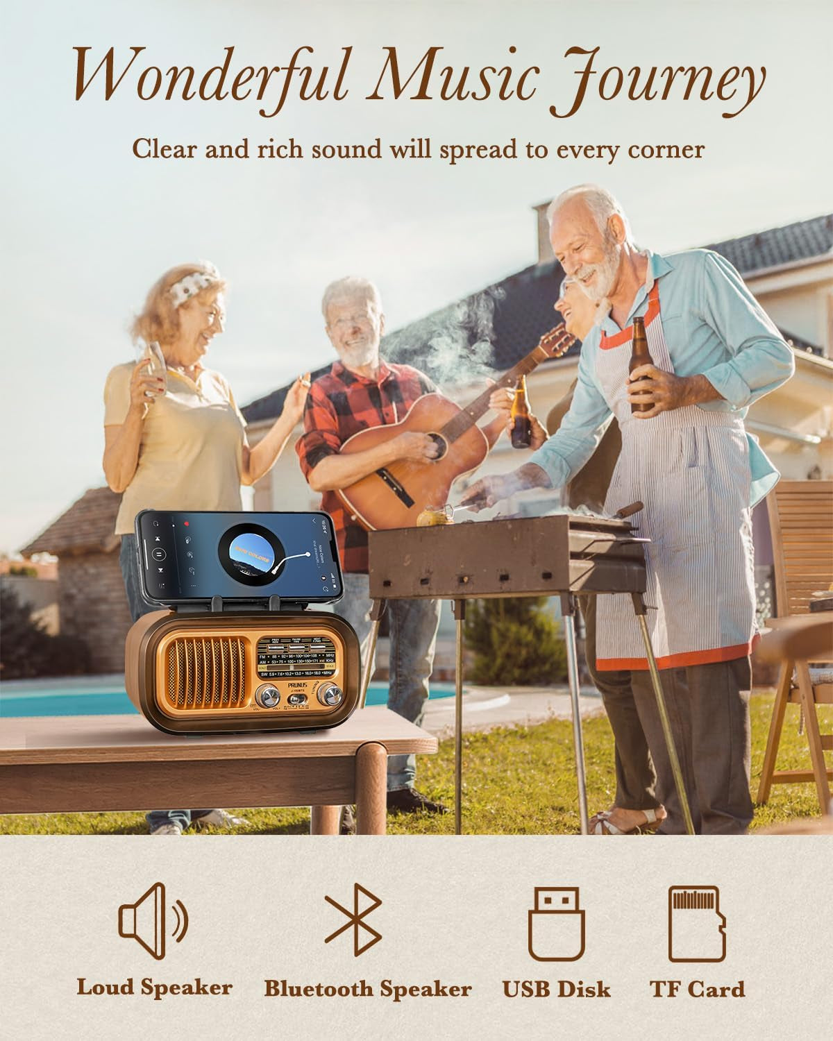 2024 Latest J-150 Compact Retro Bluetooth Radio - Portable AM/FM Transistor, Superior Sound Quality, Solar/Battery Rechargeable, TWS Support, TF Card/USB Playback