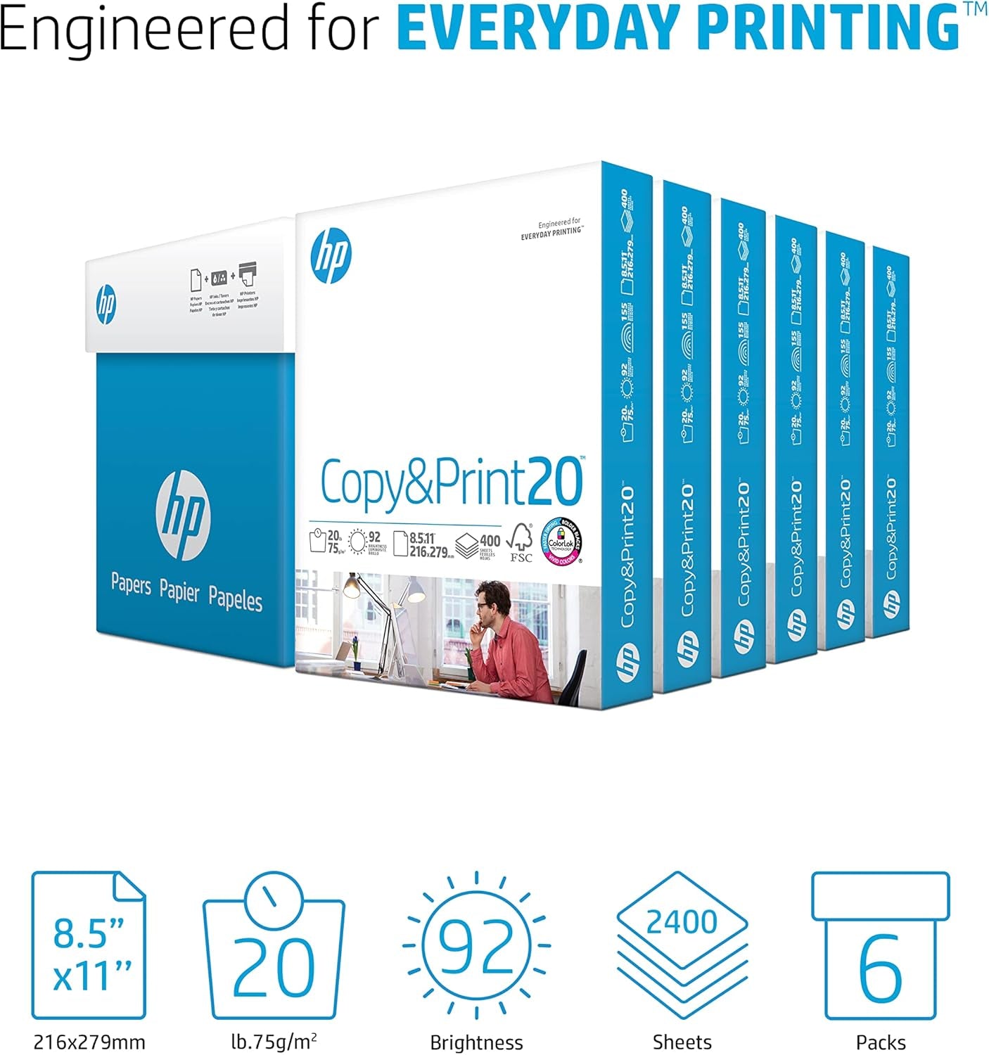 HP 8.5x11 Copy & Print Printer Paper, 20 lb, 6-Pack Case (2400 Sheets), 92 Bright, FSC Certified, Made in USA, Compatible with HP Printers