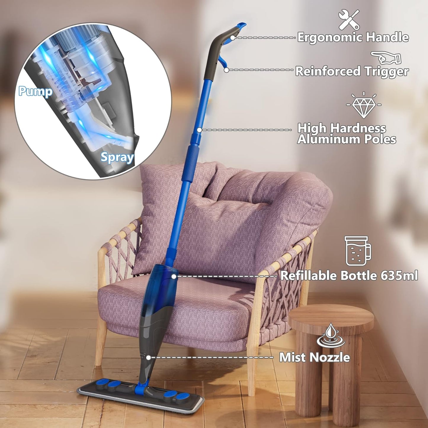 Professional Spray Mop for Efficient Floor Cleaning - Microfiber Flat Mop with Refillable 635ML Bottle and 4 Washable Pads for Hardwood, Laminate, Tile, Wood, Ceramic, and Vinyl Surfaces in Home and Kitchen