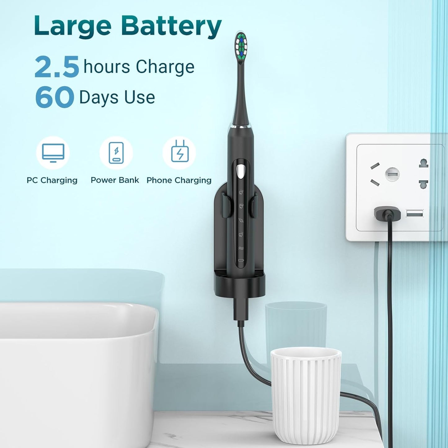 Sonic Electric Toothbrush for Adults with 8 Replacement Brush Heads, 60-Day Battery Life, 5 Cleaning Modes, and 2-Minute Smart Timer