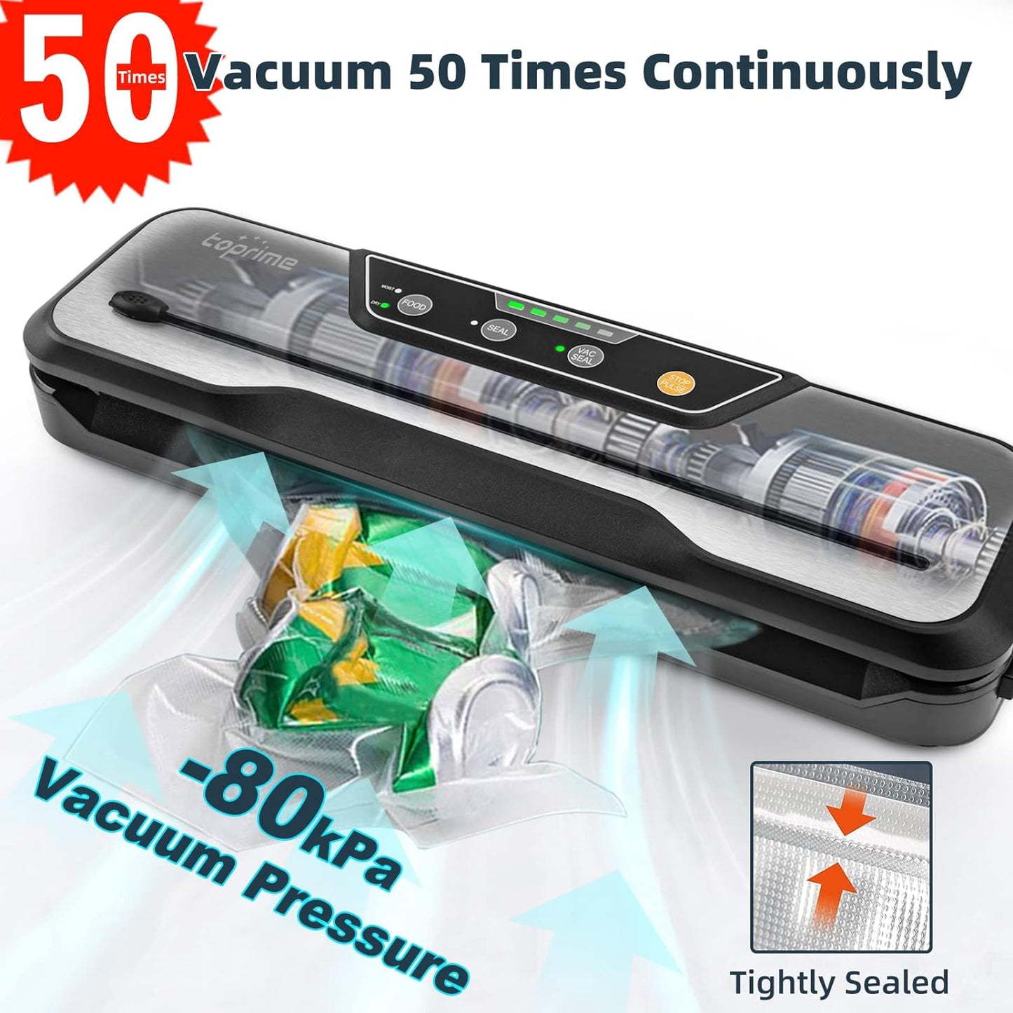 VS6612 Vacuum Sealer Machine - 80Kpa High-Power Food Sealing System with Built-In Cutter, Sealing Bag, and Hose for Meal Preservation and Sous Vide Cooking
