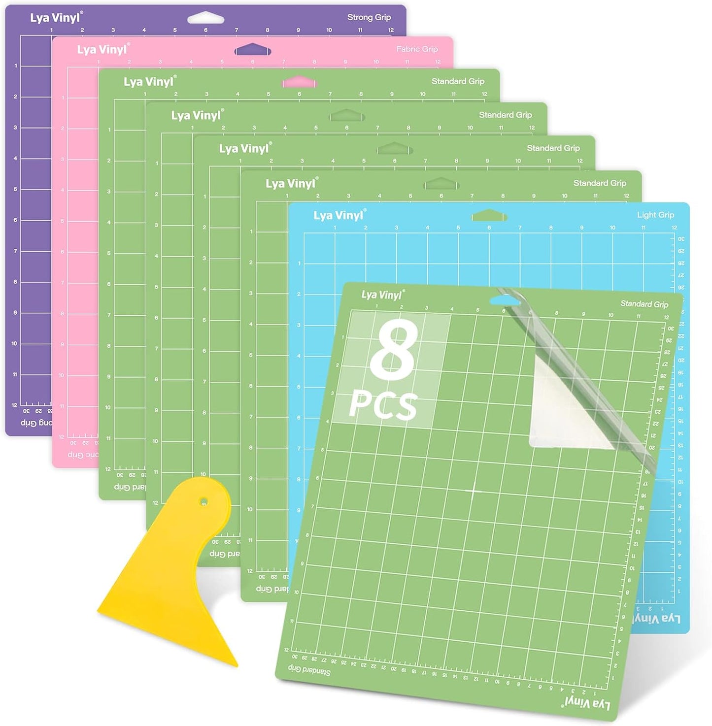 8-Pack Cutting Mats -12x12 Inches Variety Set-Permanent Vinyl, Standard, Light, Strong, Fabric Grip