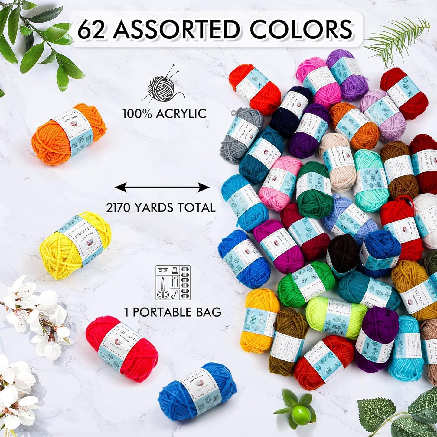 Acrylic Yarn Set: 62 Skeins (2170 Yards) for Knitting and Crochet, Complete with 2 Crochet Hooks, 2 Weaving Needles, and 10 Stitch Markers - Ideal Beginner Kit for Adults and Kids
