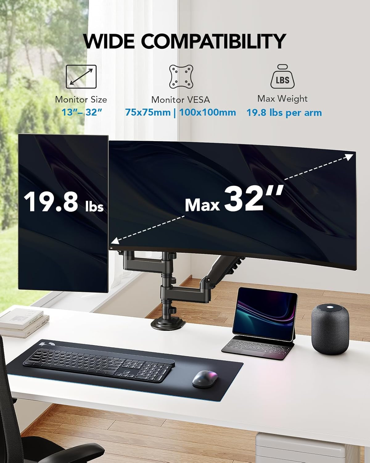 Dual Monitor Stand - Height Adjustable Gas Spring Double Arm Monitor Mount Desk Stand Fit Two 13 to 32 Inch Screens with Clamp, Grommet Mounting Base, Each Arm Hold up to 20Lbs