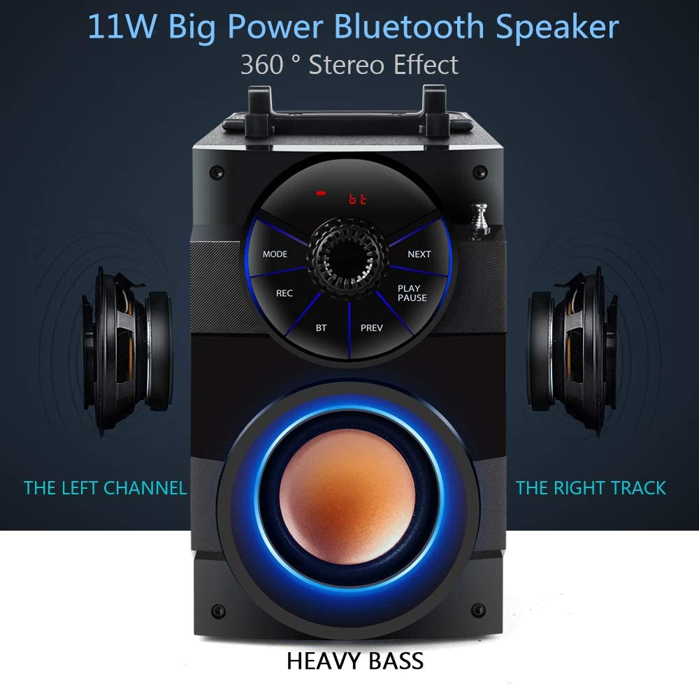 Portable 11W Bluetooth Speaker with Subwoofer, Dual Speakers, LED Lights, FM Radio, Remote Control, Enhanced Bass, and MP3 Playback