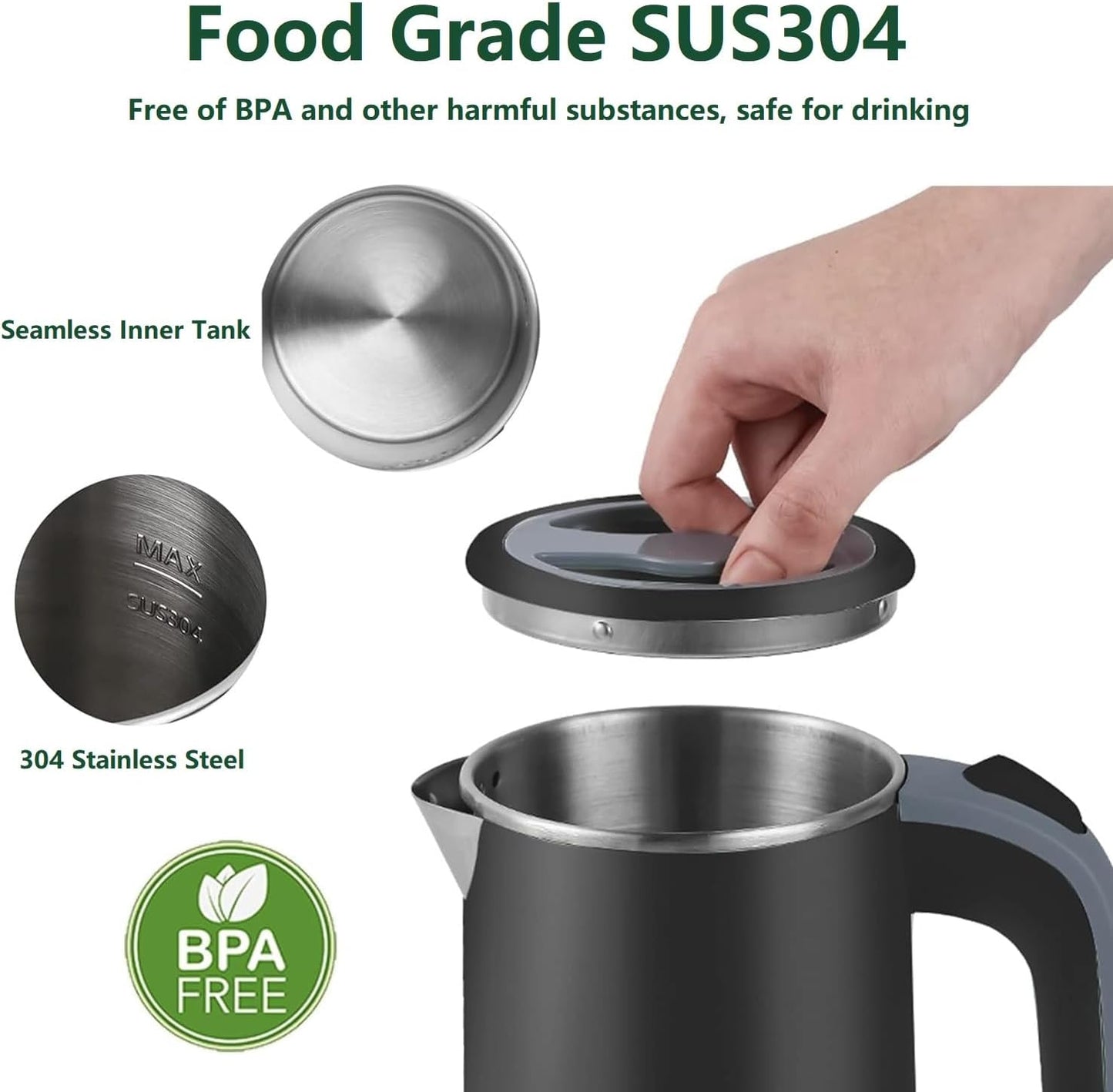 800ml Electric Kettle with Fast Boiling, Double Wall Design, Auto Shut-Off, Boil-Dry Protection, and BPA-Free Stainless Steel Cool Touch Finish (Black)